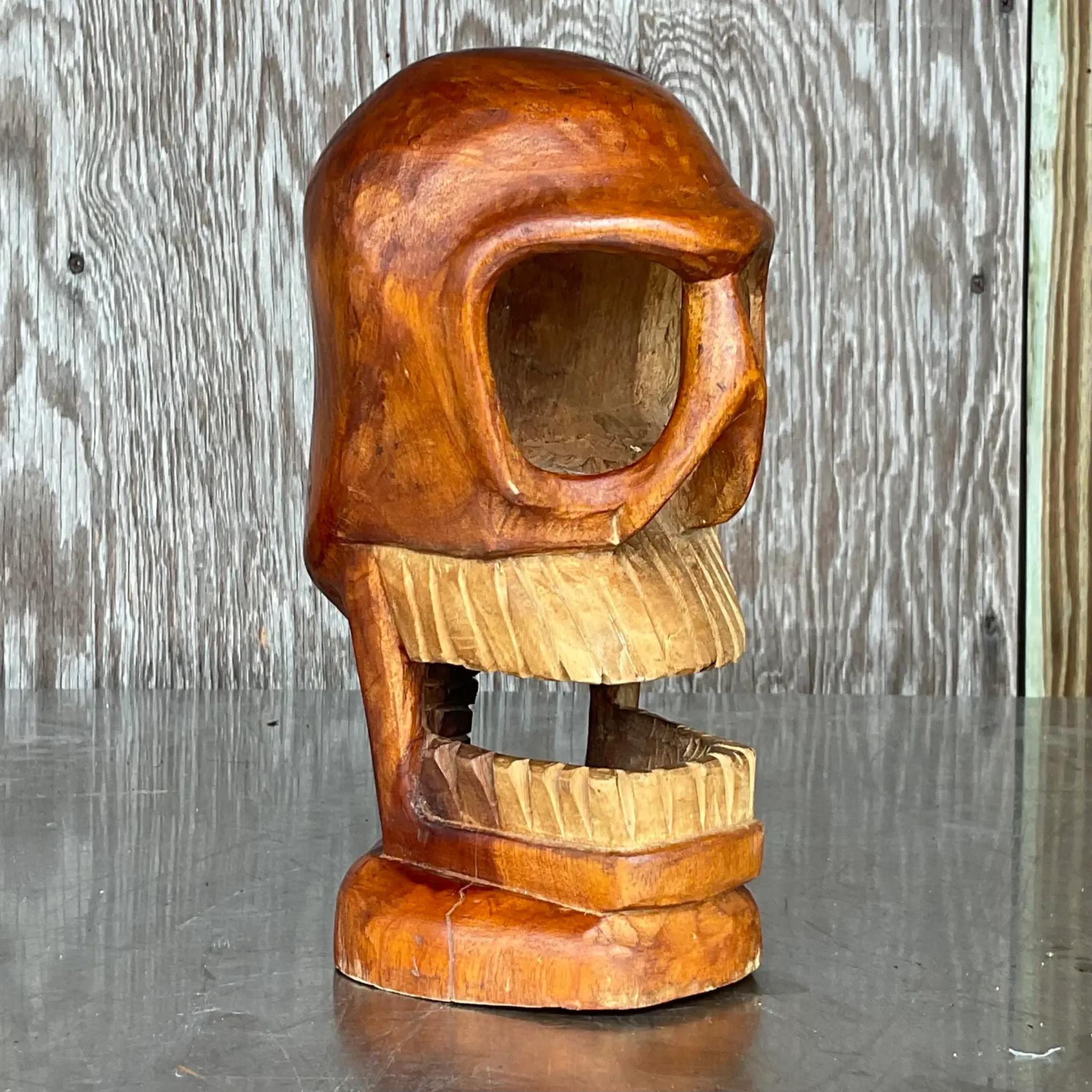 Vintage Boho Carved Wooden Skull Sculpture For Sale 1