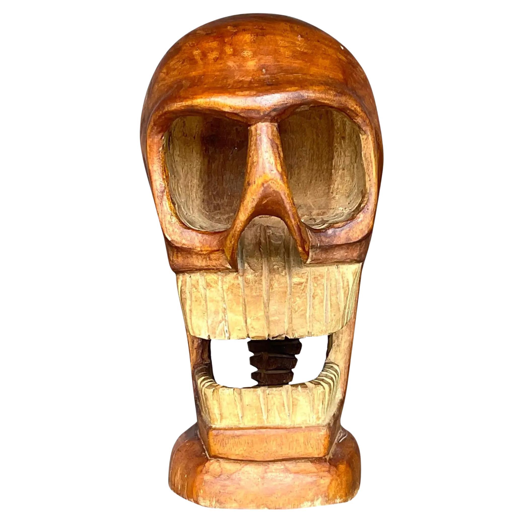 Vintage Boho Carved Wooden Skull Sculpture For Sale