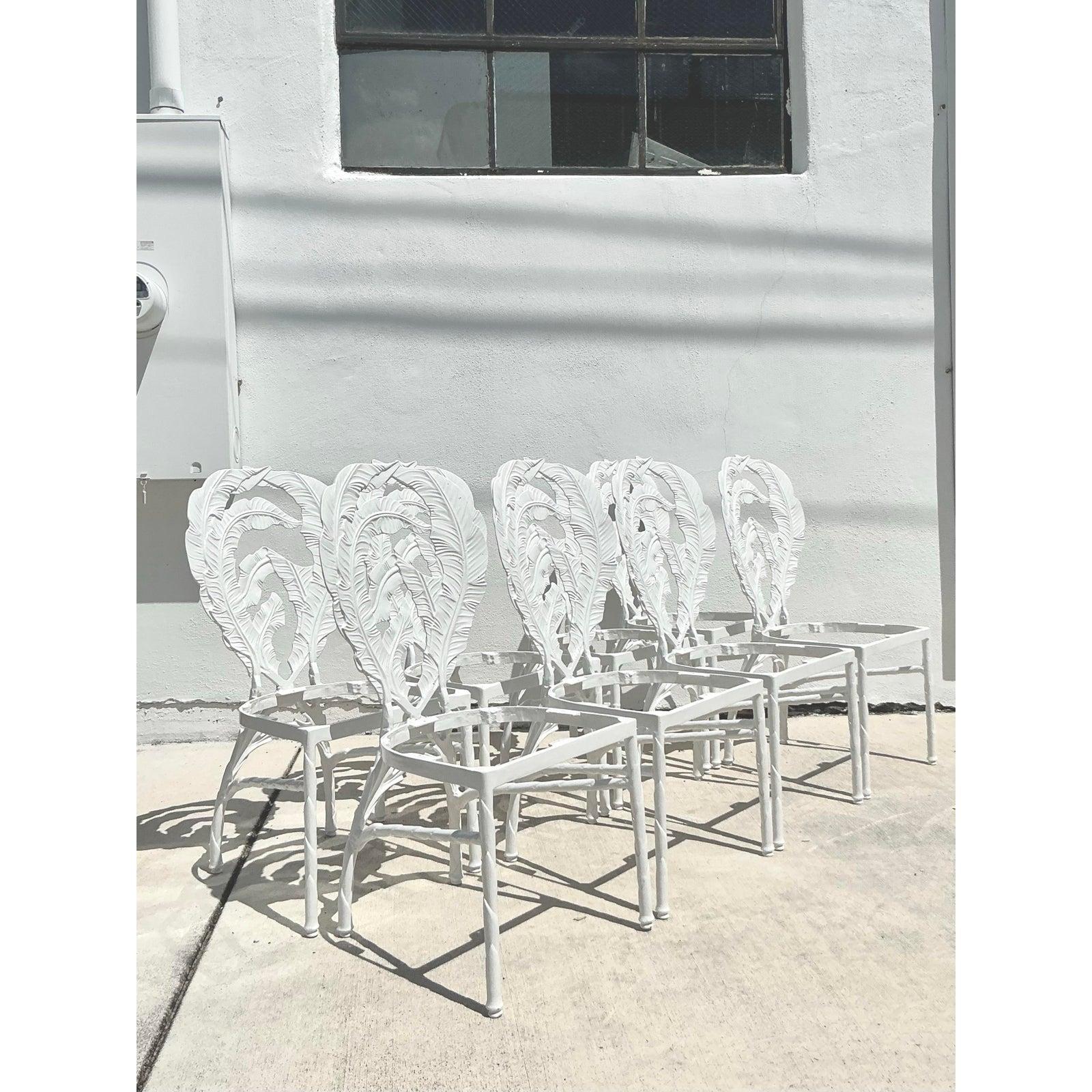 Chinoiserie Vintage Boho Cast Aluminum Banana Leaf Dining Chairs - Set of 8 For Sale