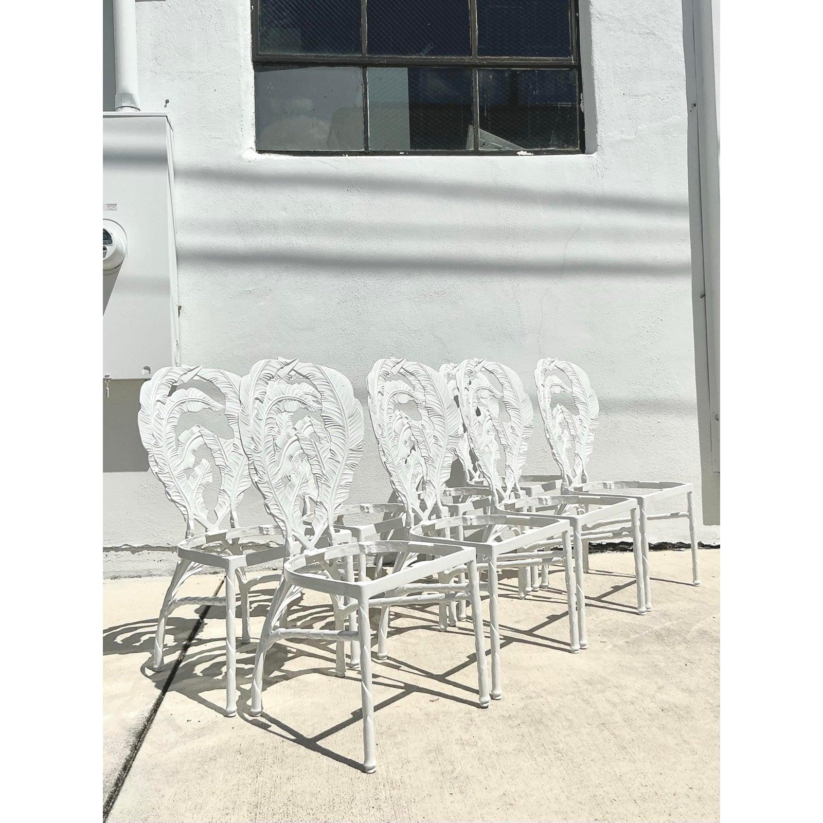American Vintage Boho Cast Aluminum Banana Leaf Dining Chairs - Set of 8 For Sale