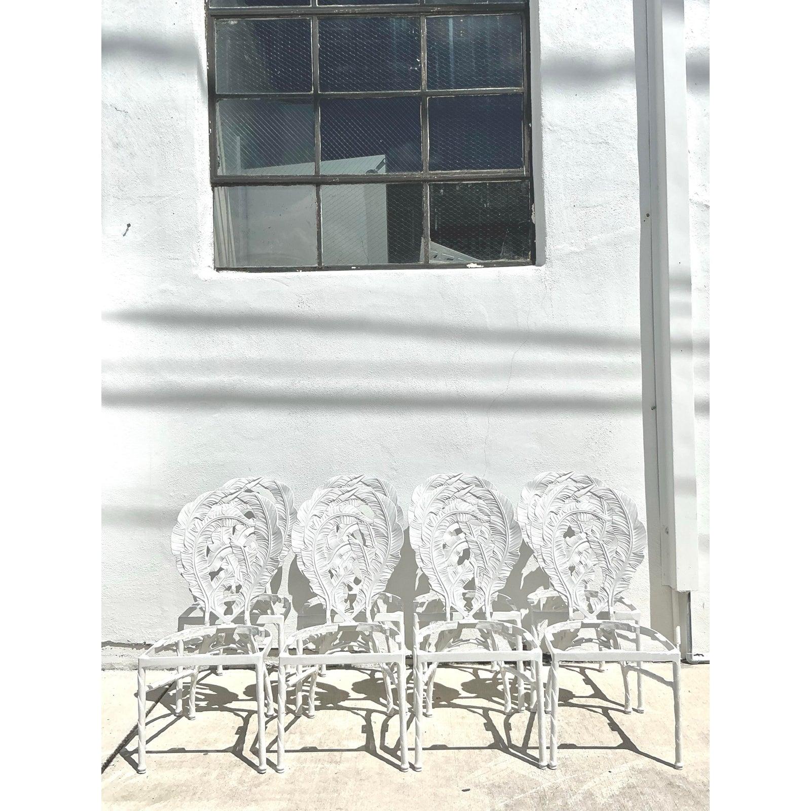 Vintage Boho Cast Aluminum Banana Leaf Dining Chairs - Set of 8 In Good Condition For Sale In west palm beach, FL