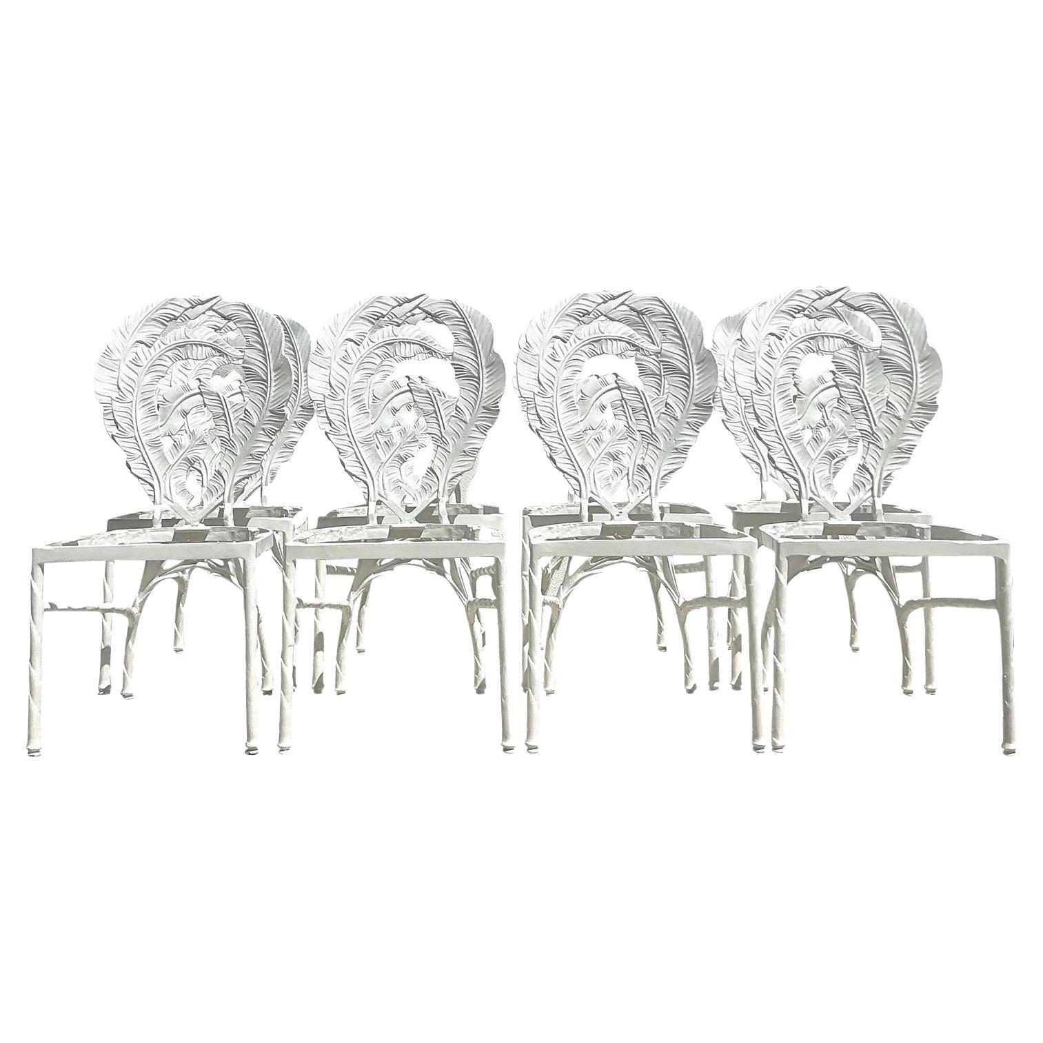 Vintage Boho Cast Aluminum Banana Leaf Dining Chairs - Set of 8 For Sale