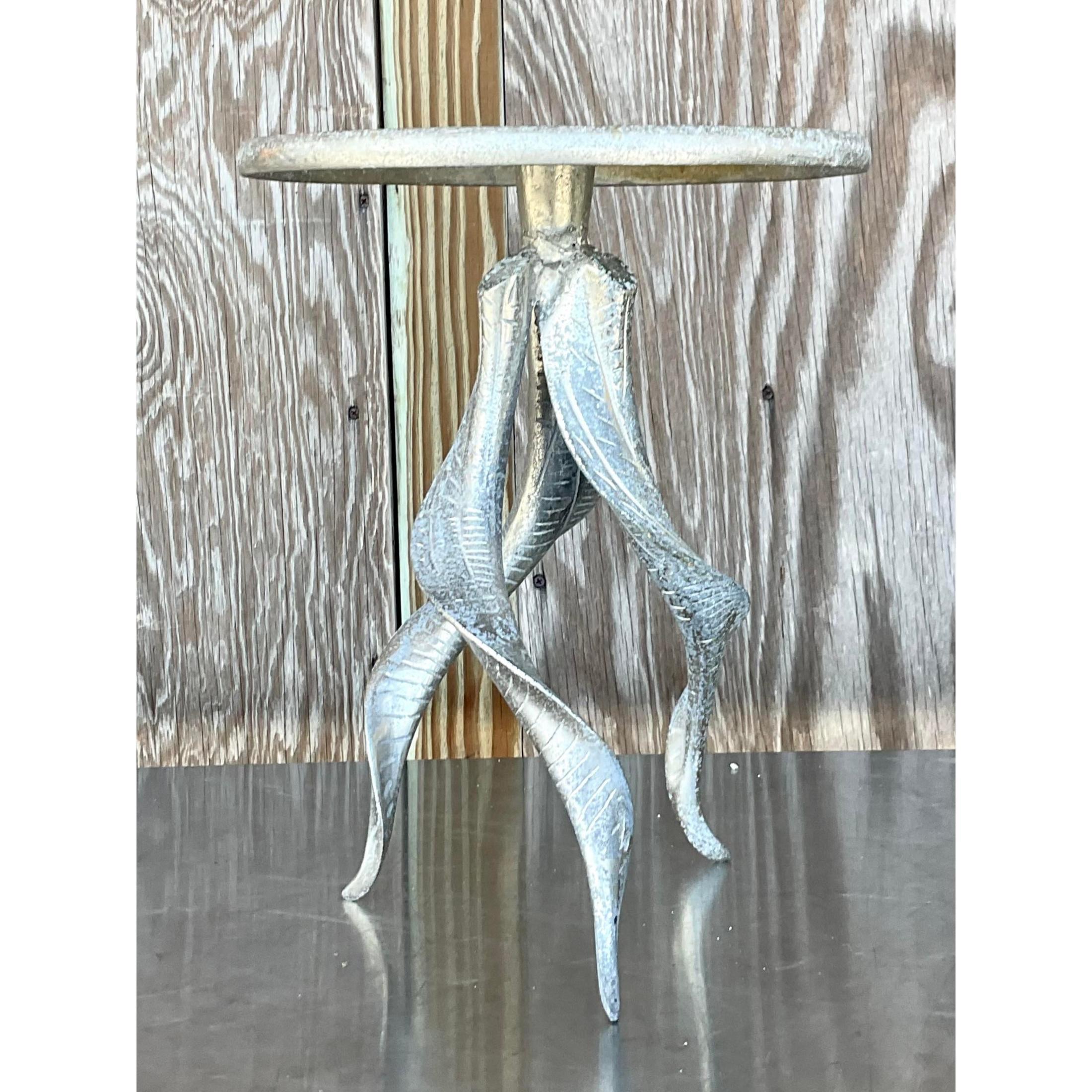Fabulous vintage Boho drinks table. Chic trio of horns in a cast aluminum. A charming way to add a little whimsy to any space. Acquired from a Palm Beach estate