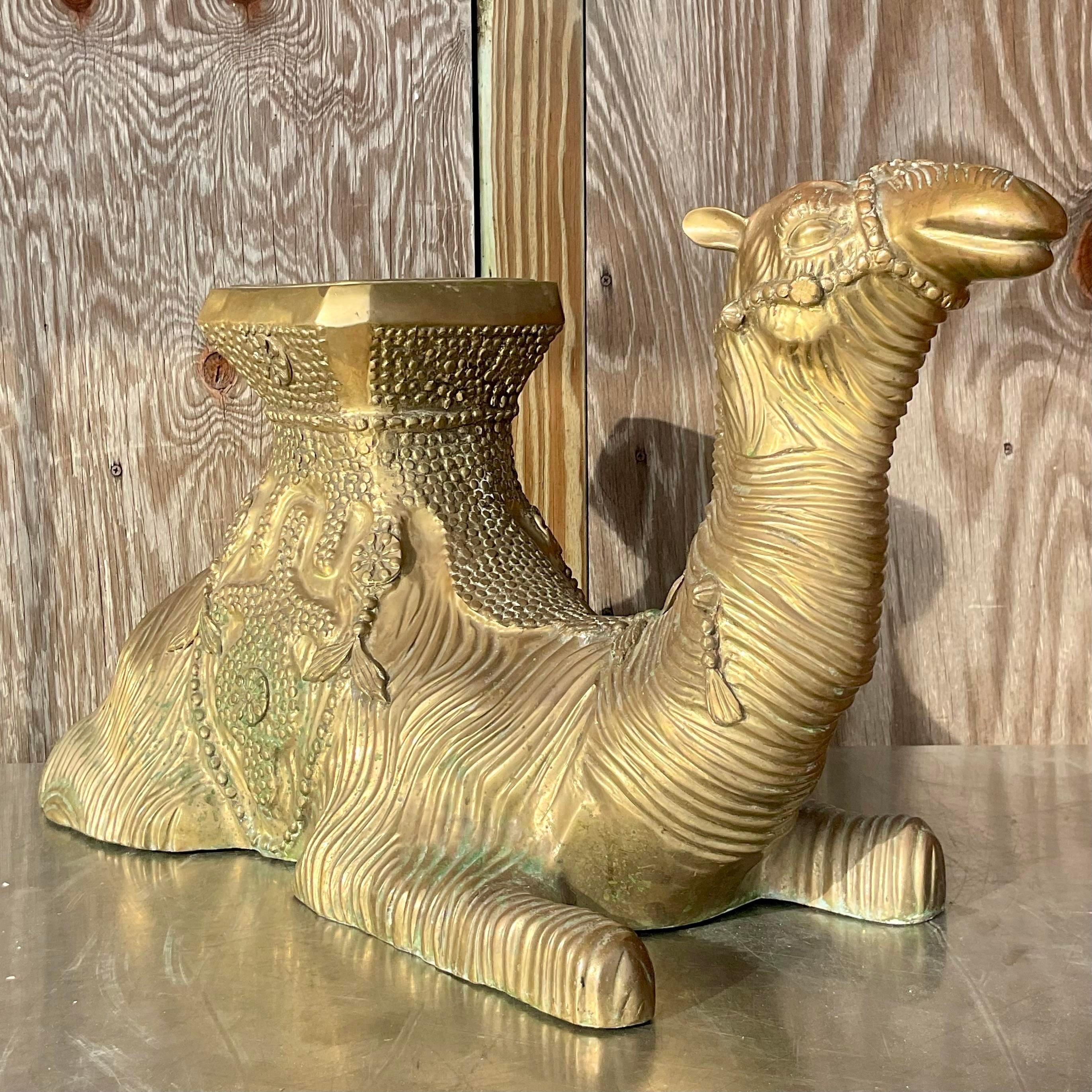Vintage Boho Cast Brass Camel Low Stool In Good Condition For Sale In west palm beach, FL