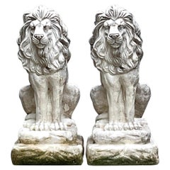 Vintage Boho Cast Cement Lion Statues - a Pair