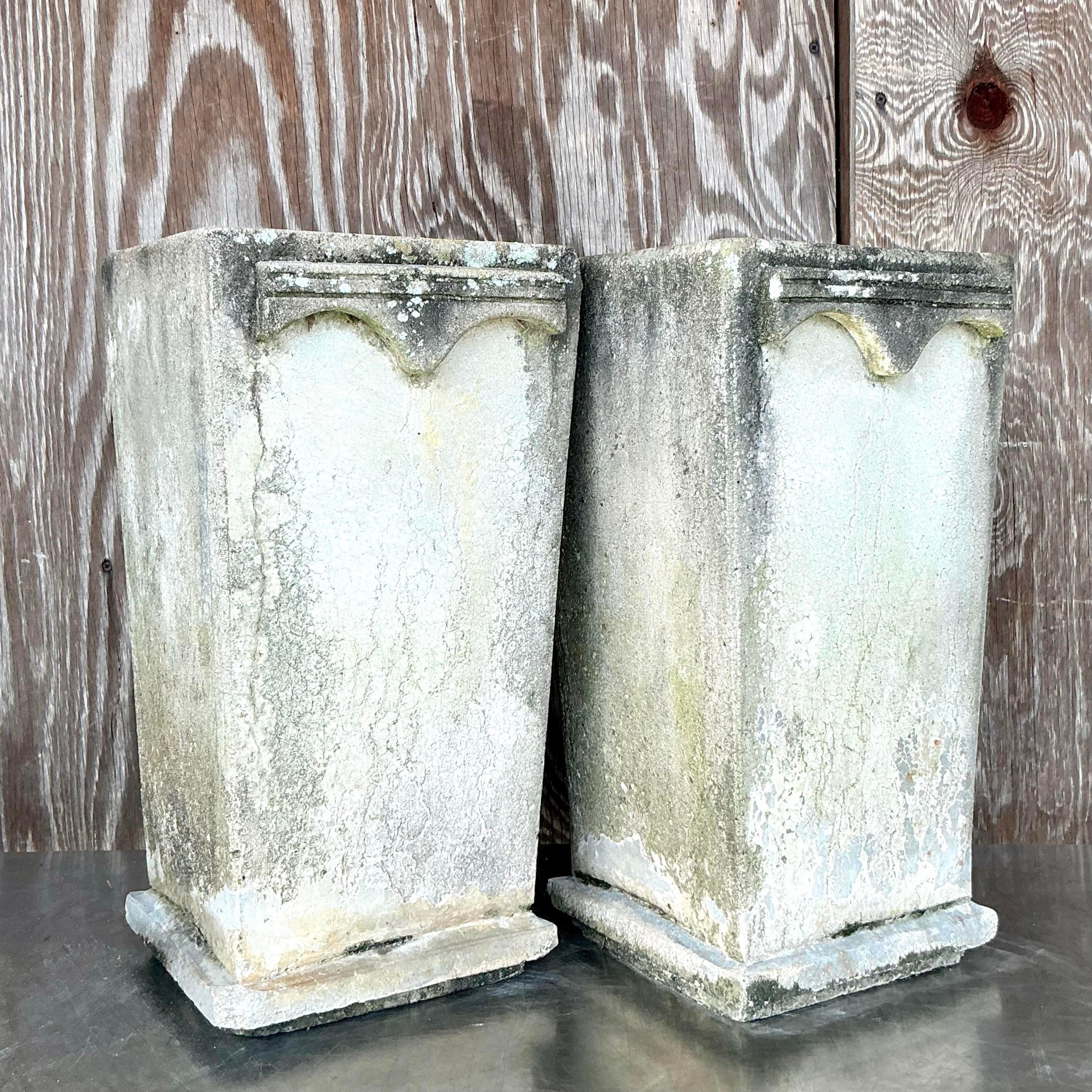 Art Deco Vintage Boho Cast Concrete Arches Planters - a Pair For Sale