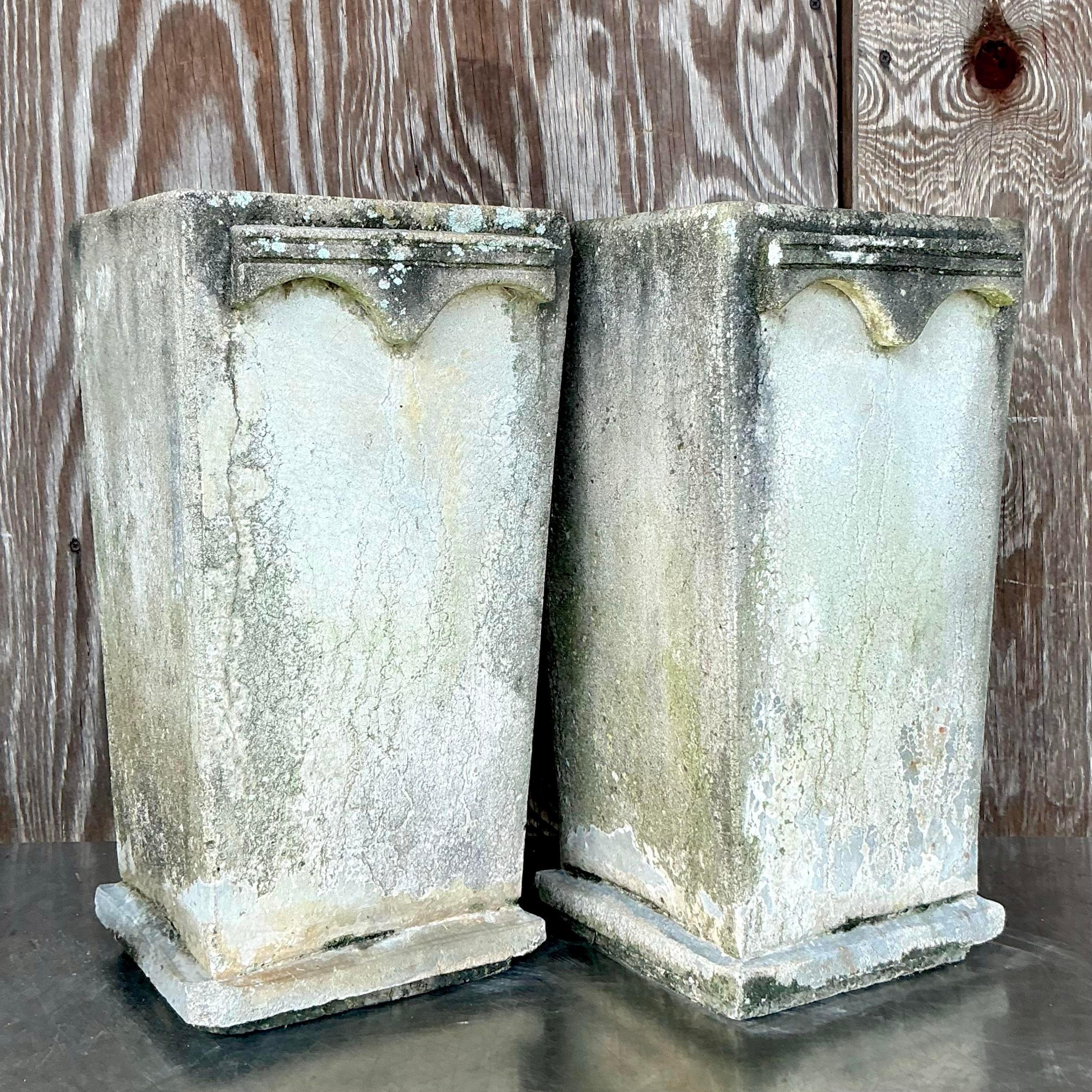 American Vintage Boho Cast Concrete Arches Planters - a Pair For Sale