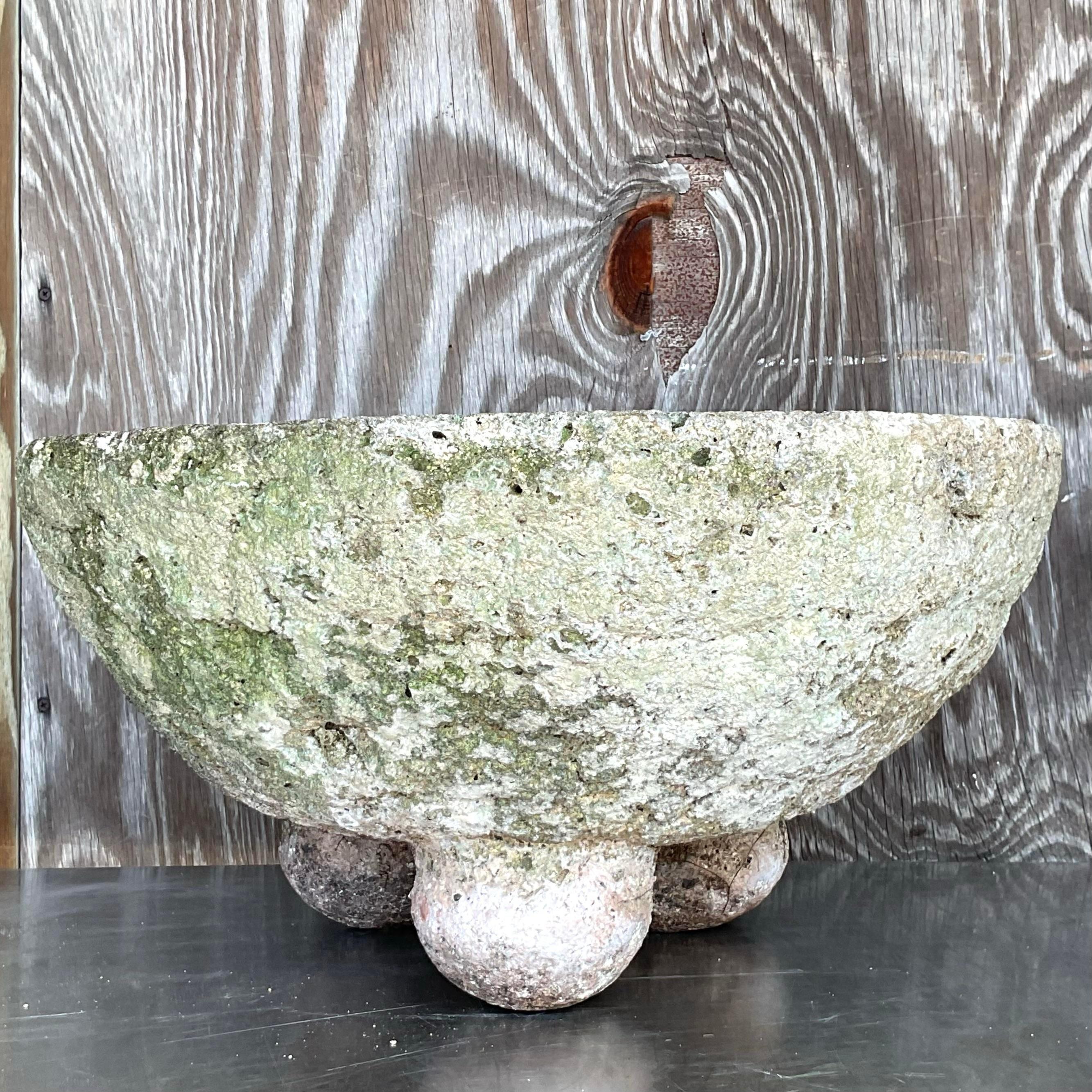 Vintage Boho Cast Concrete Bowl Planters - Set of 2 For Sale 4