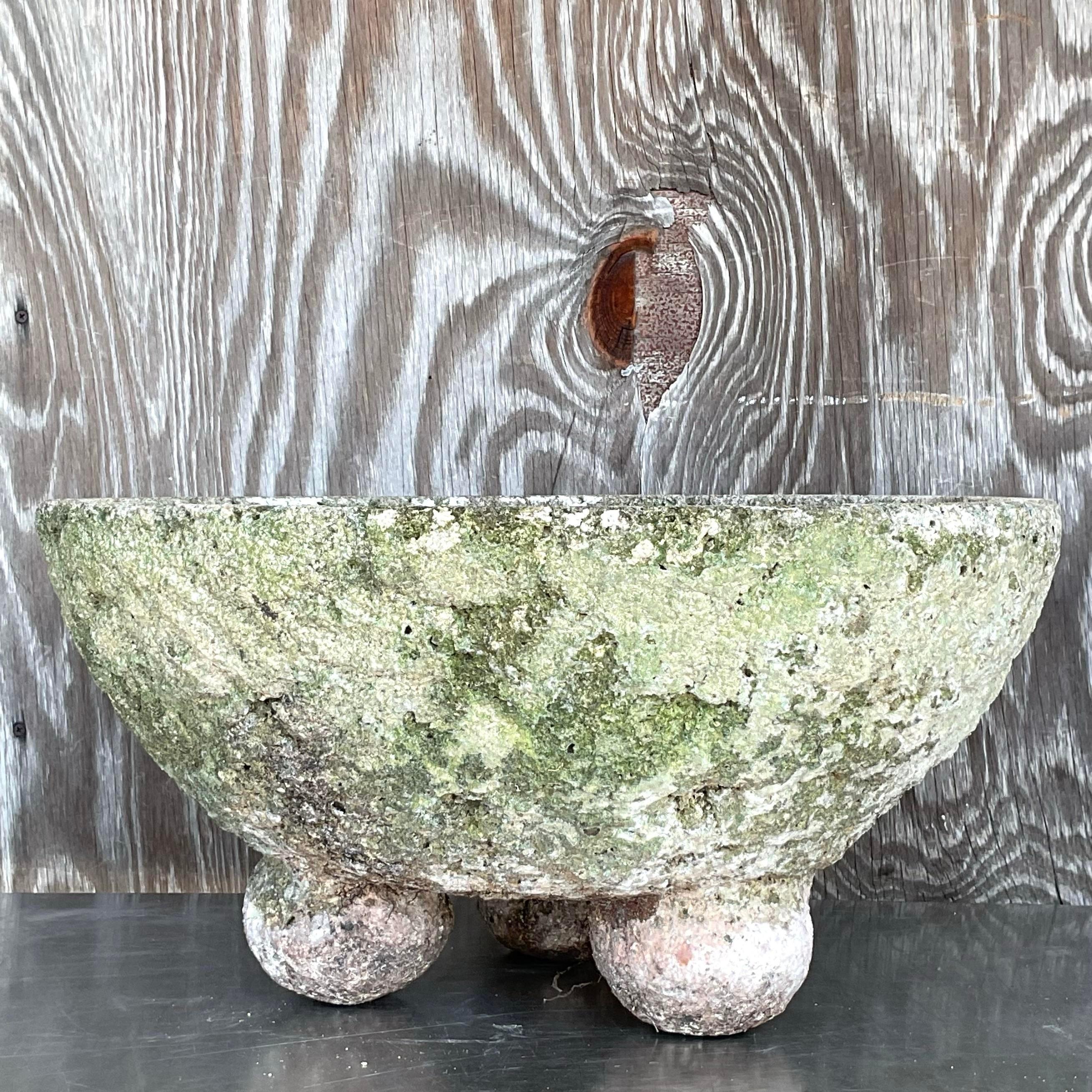 Minimalist Vintage Boho Cast Concrete Bowl Planters - Set of 2 For Sale