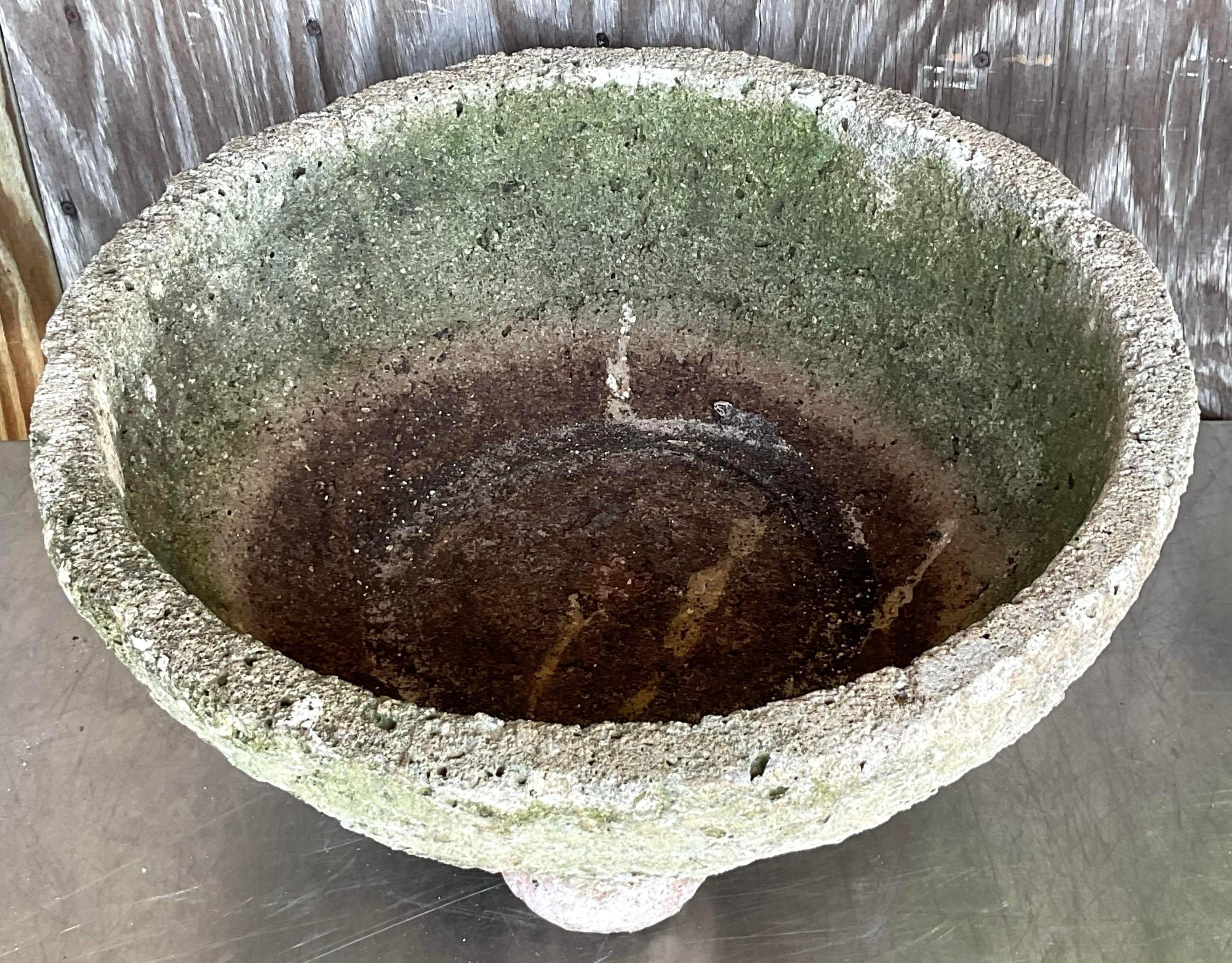 American Vintage Boho Cast Concrete Bowl Planters - Set of 2 For Sale