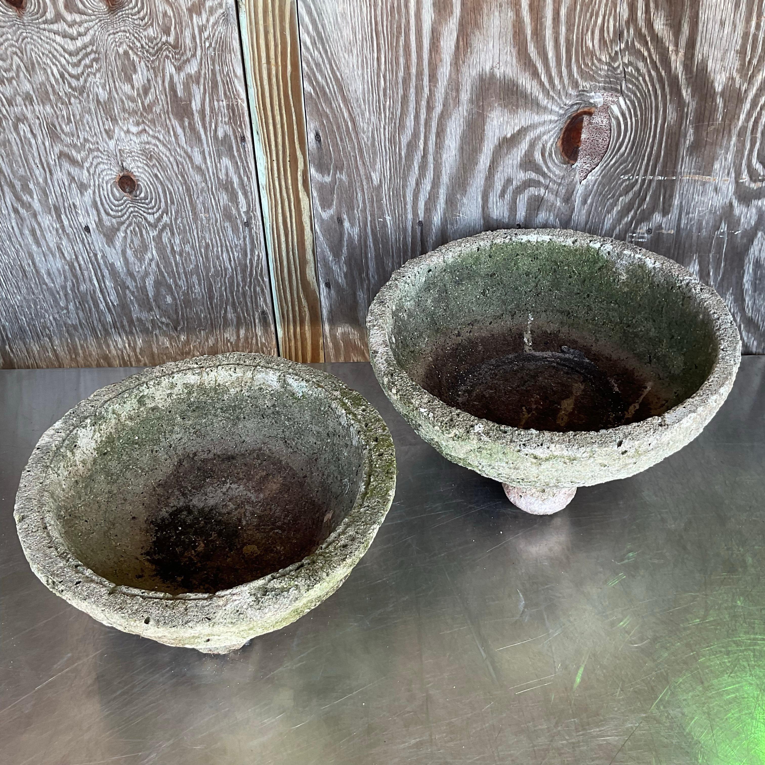 Vintage Boho Cast Concrete Bowl Planters - Set of 2 In Good Condition For Sale In west palm beach, FL