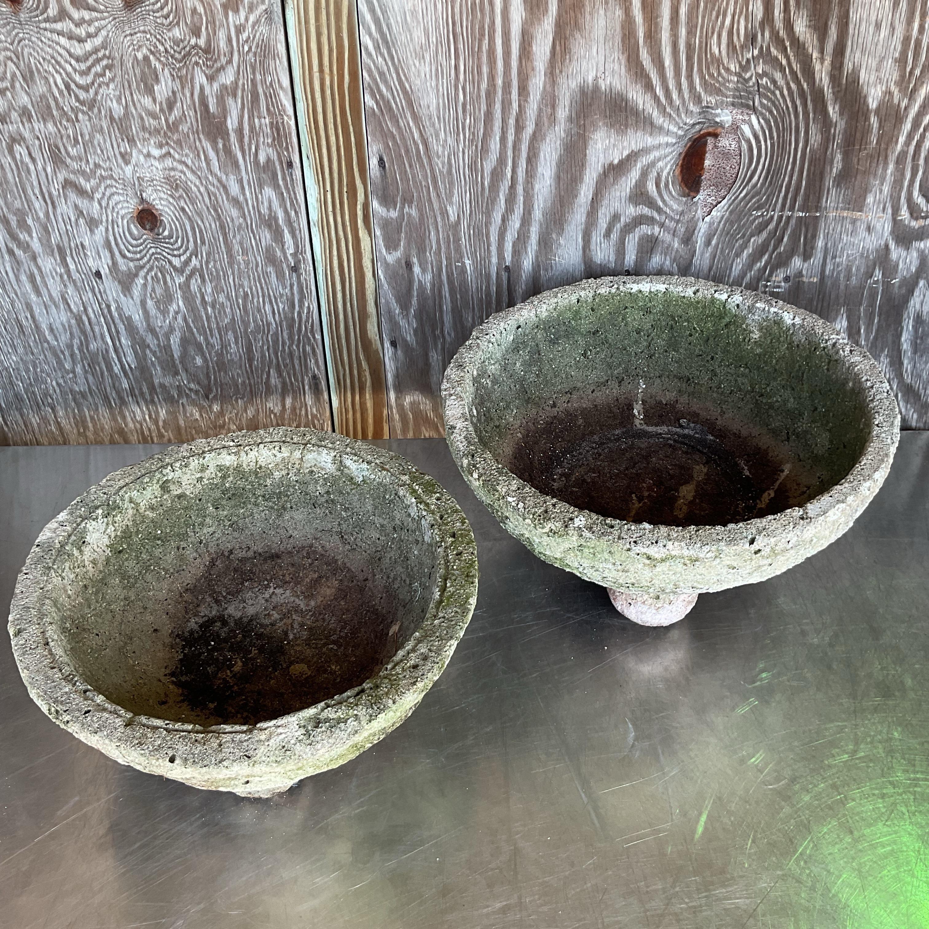20th Century Vintage Boho Cast Concrete Bowl Planters - Set of 2 For Sale