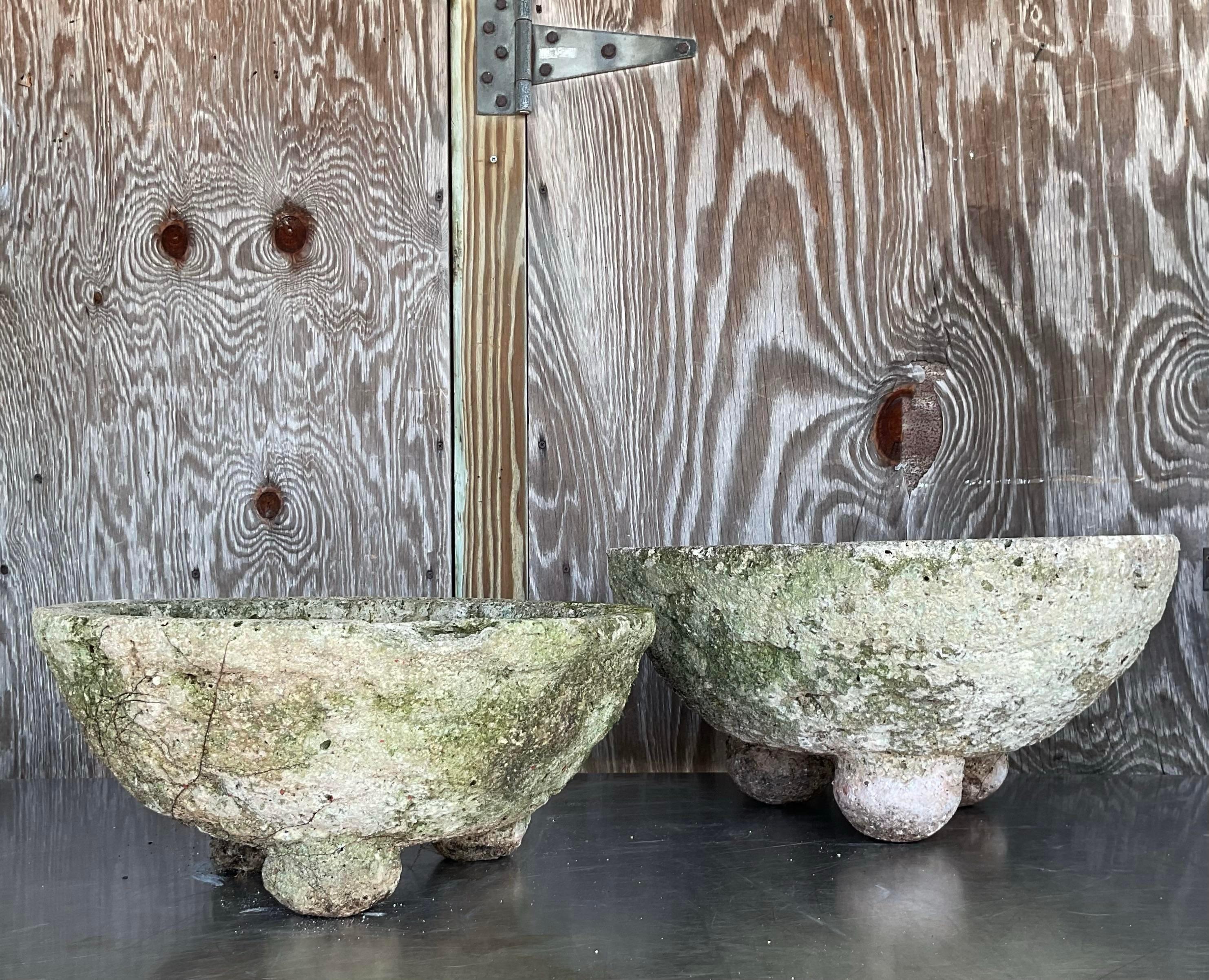 Vintage Boho Cast Concrete Bowl Planters - Set of 2 For Sale 1