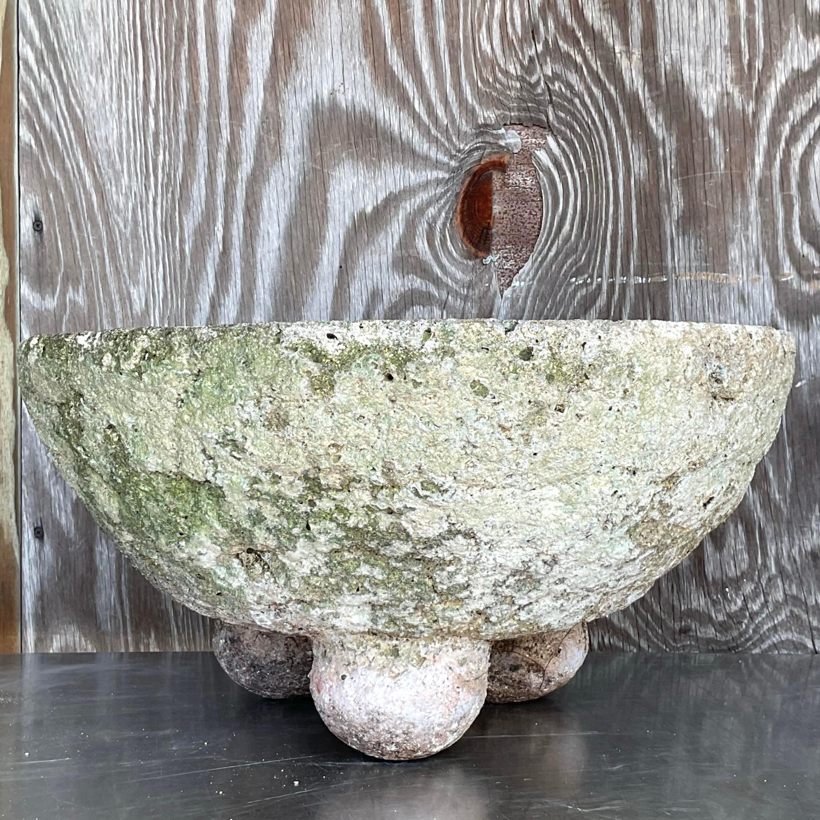 Vintage Boho Cast Concrete Bowl Planters - Set of 2 For Sale 2