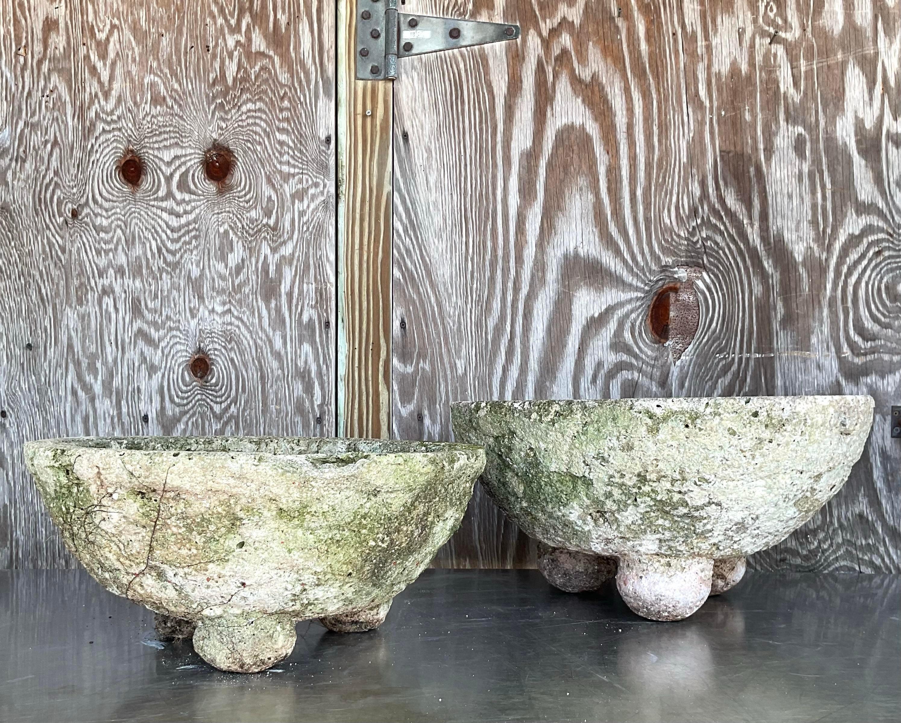 Vintage Boho Cast Concrete Bowl Planters - Set of 2 For Sale 3