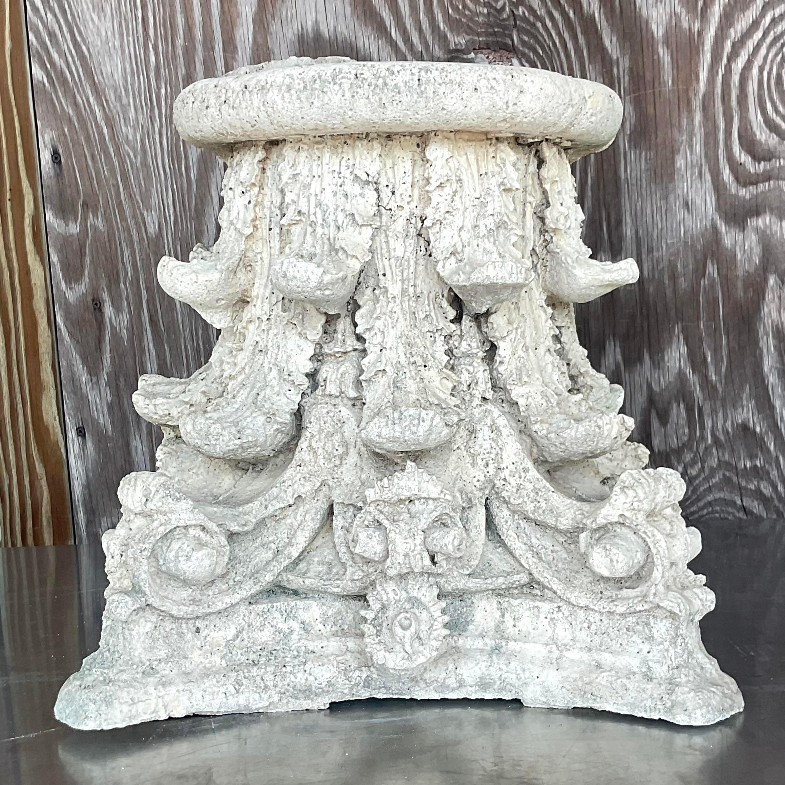 Vintage Boho Cast Concrete Corinthian Column Top For Sale 6