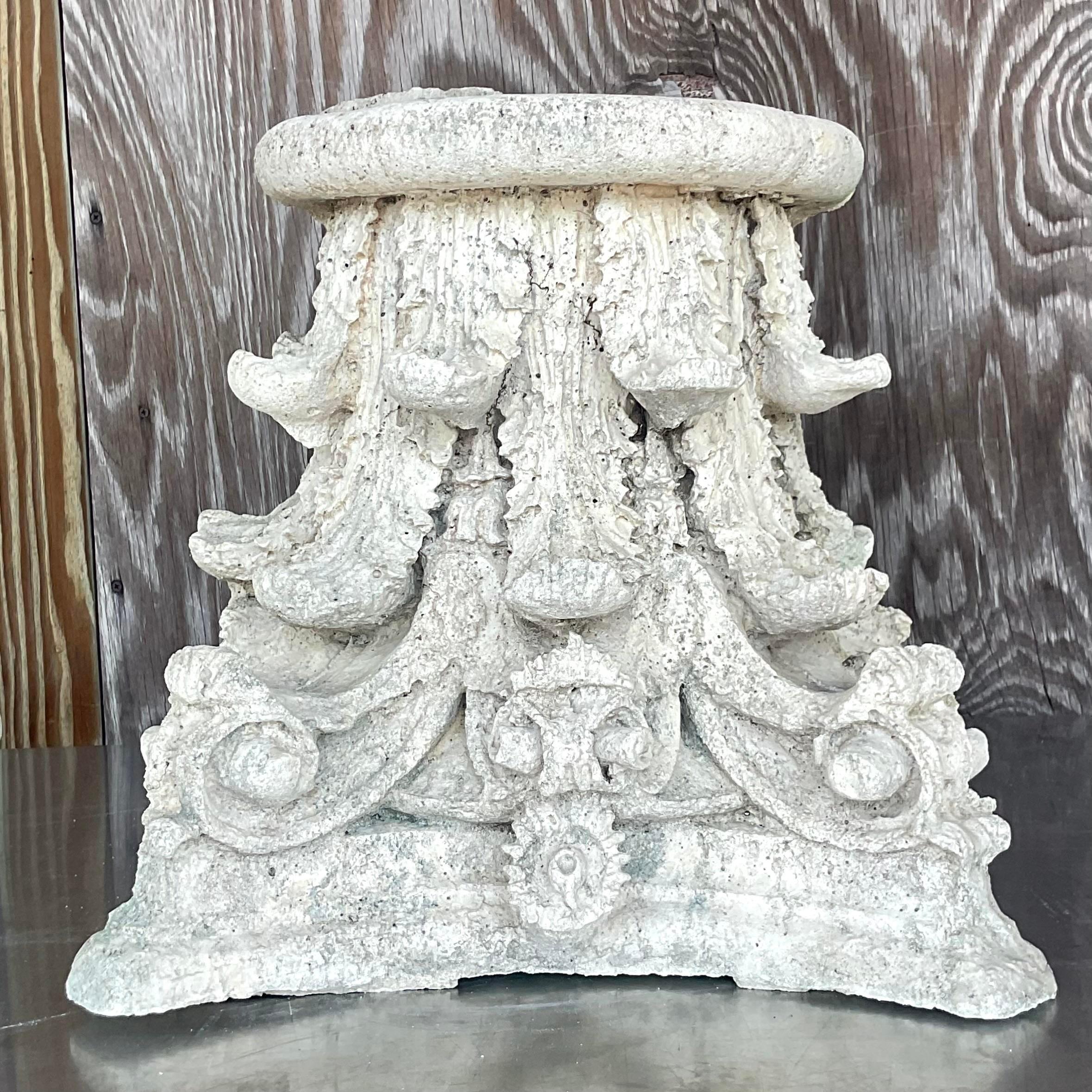 A fabulous vintage Boho Corinthian column top. Chic cast concrete with beautiful attention to detail. Four pieces are available on my page. You can just use them as a single decorative piece or combine two to create a small drinks table. You decide!