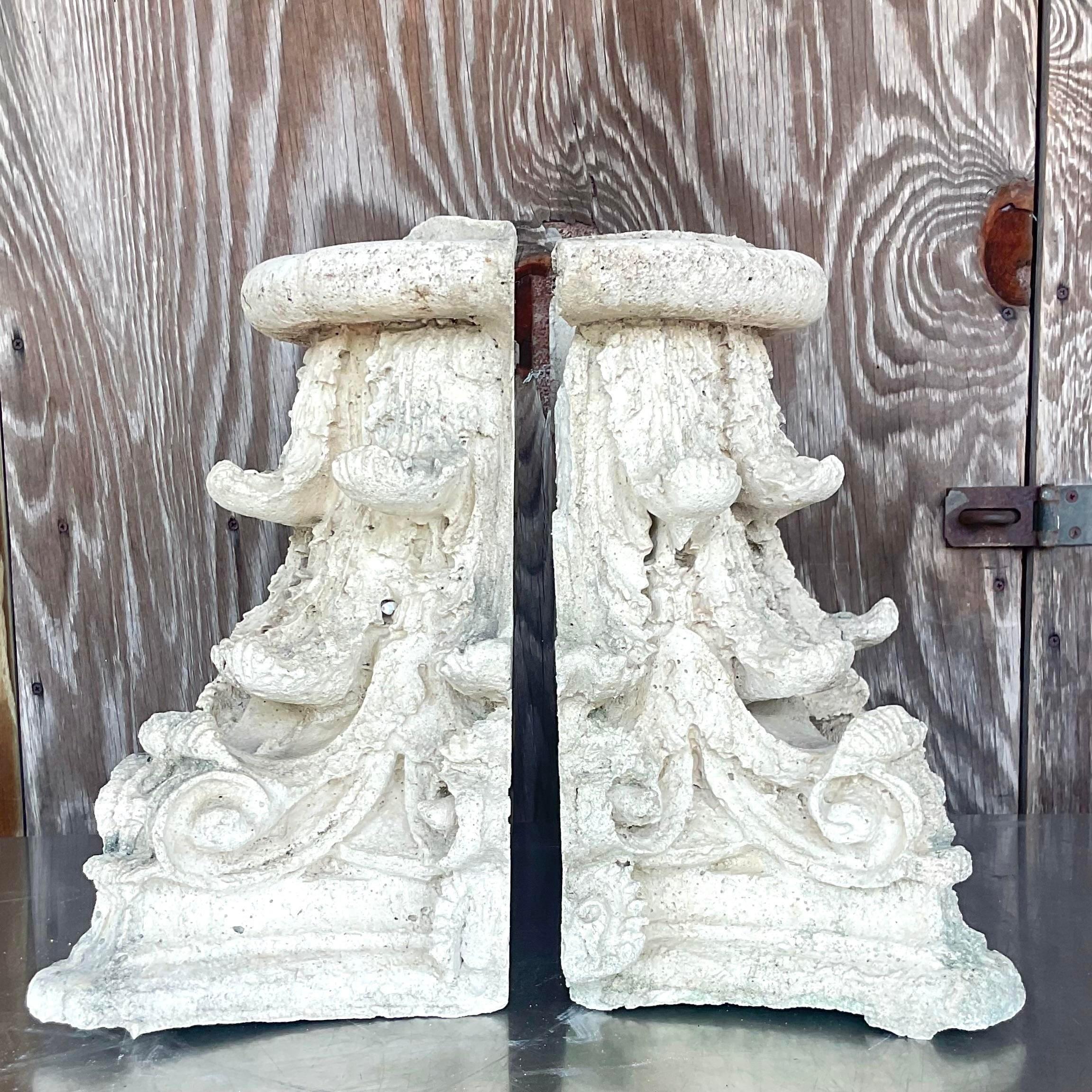 20th Century Vintage Boho Cast Concrete Corinthian Column Top For Sale