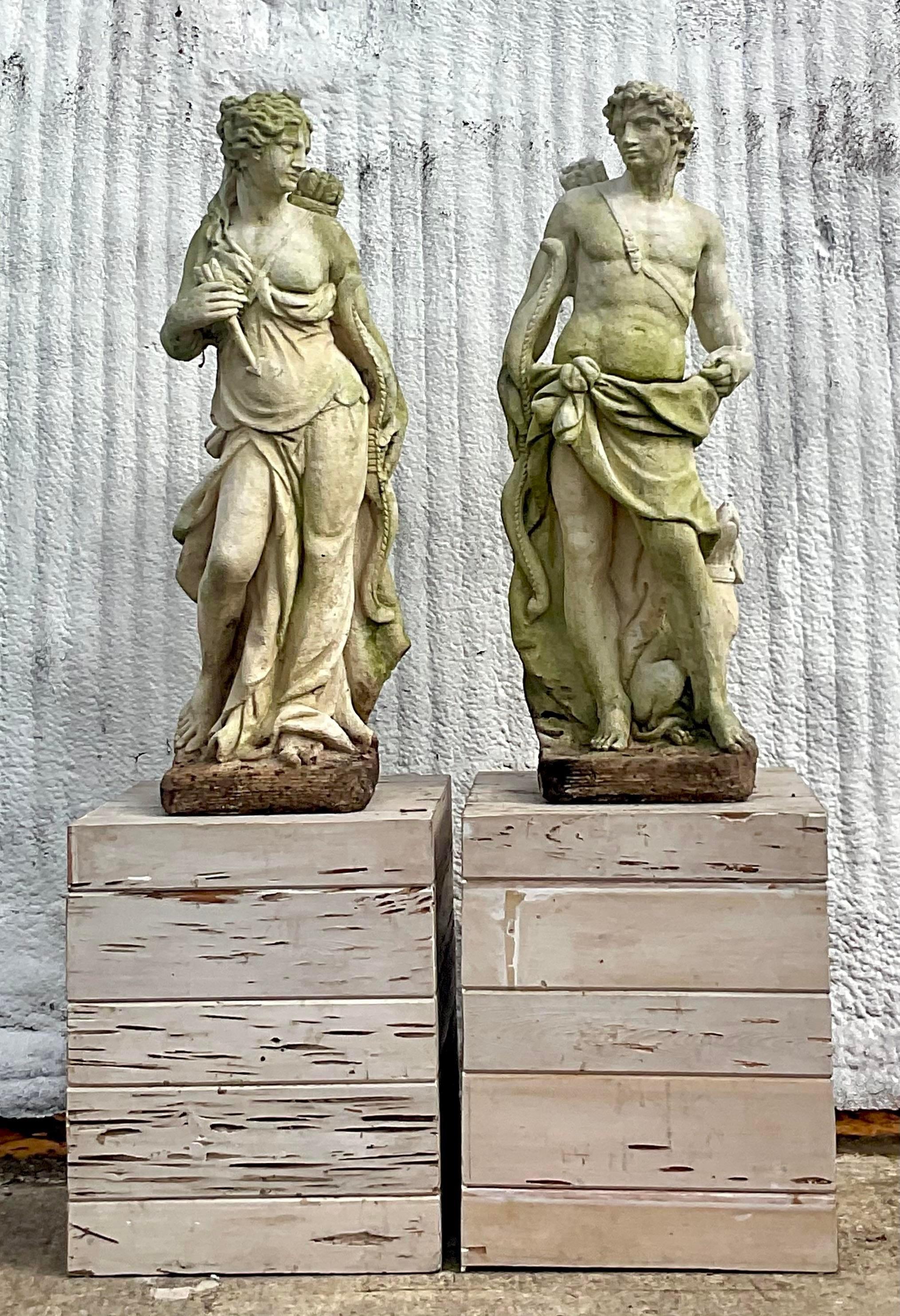 Vintage Boho Cast Concrete Diana and Acteon Statues on Cypress Plinths - Set of2 5