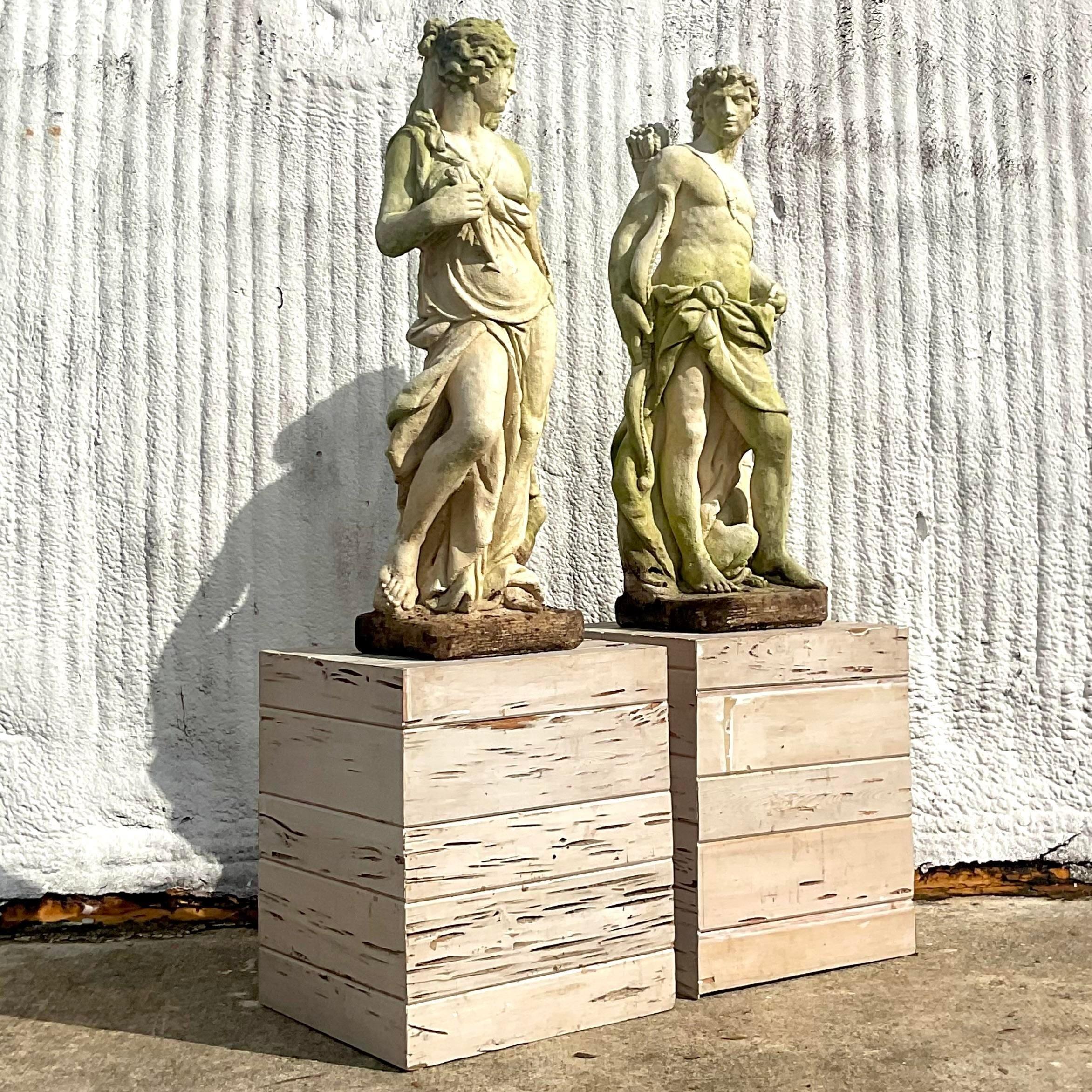 Vintage Boho Cast Concrete Diana and Acteon Statues on Cypress Plinths - Set of2 6