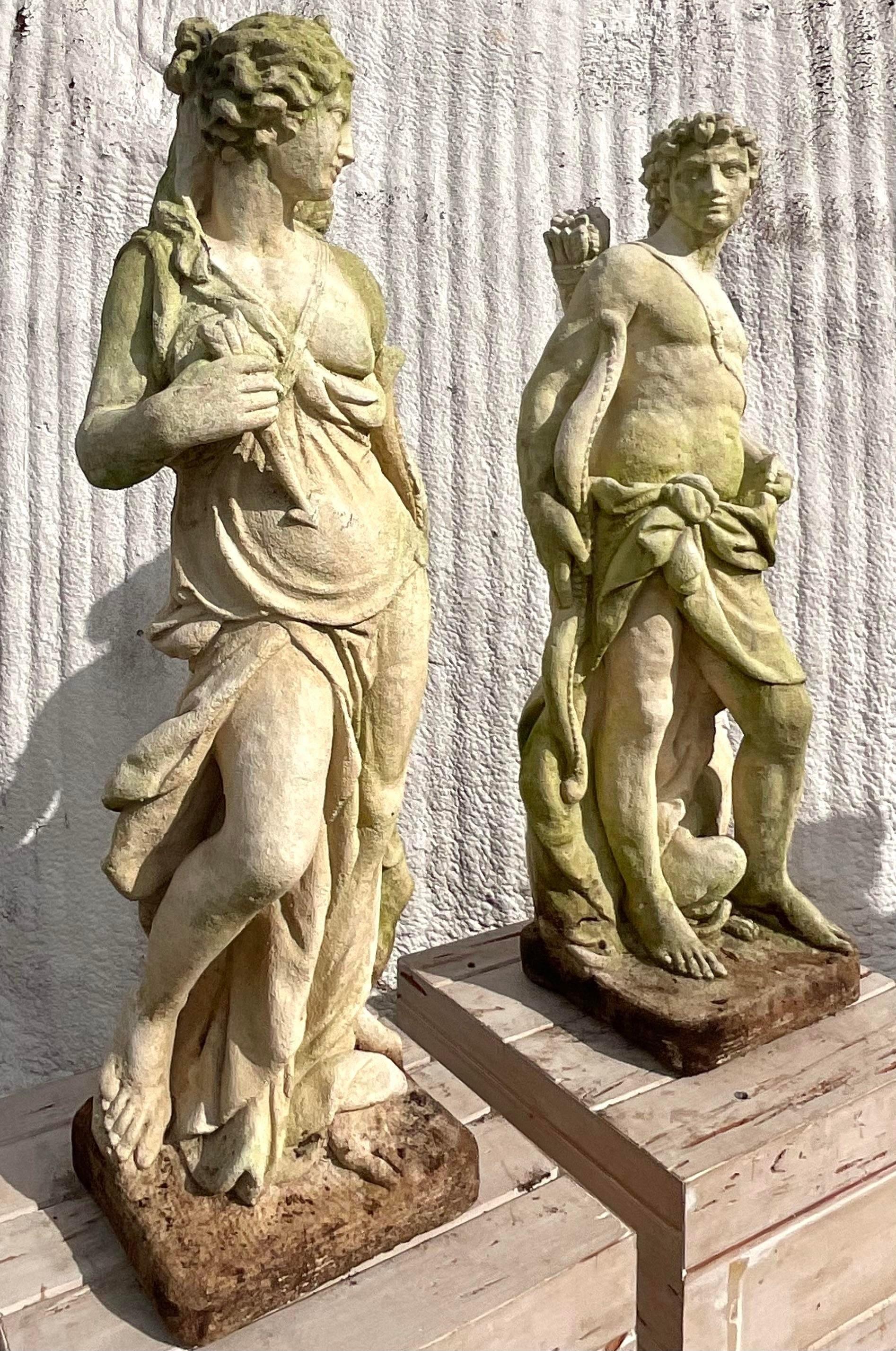 20th Century Vintage Boho Cast Concrete Diana and Acteon Statues on Cypress Plinths - Set of2