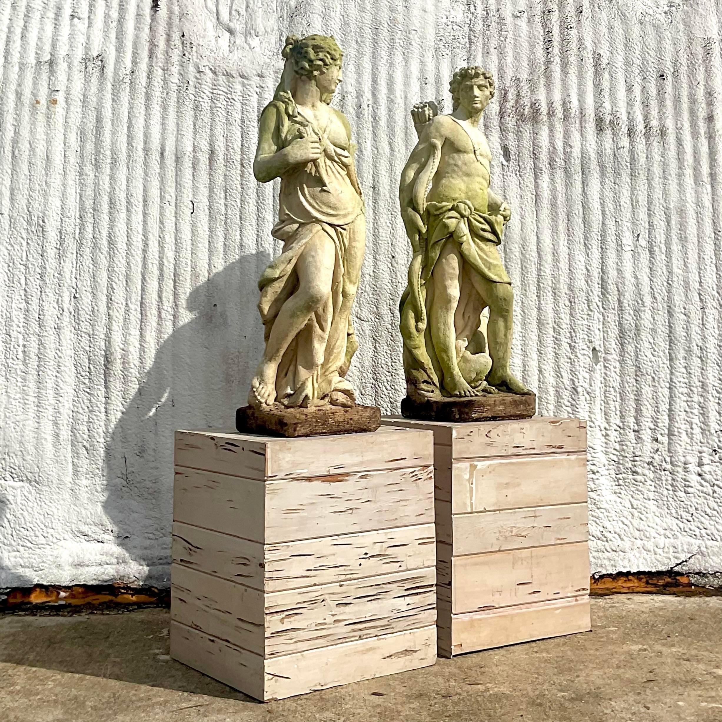 Vintage Boho Cast Concrete Diana and Acteon Statues on Cypress Plinths - Set of2 2