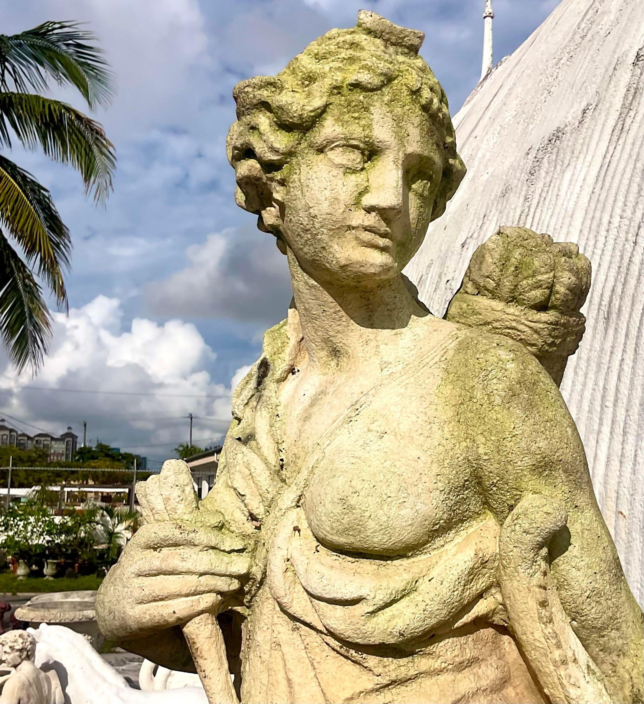 Vintage Boho Cast Concrete Diana and Acteon Statues on Cypress Plinths - Set of2 3