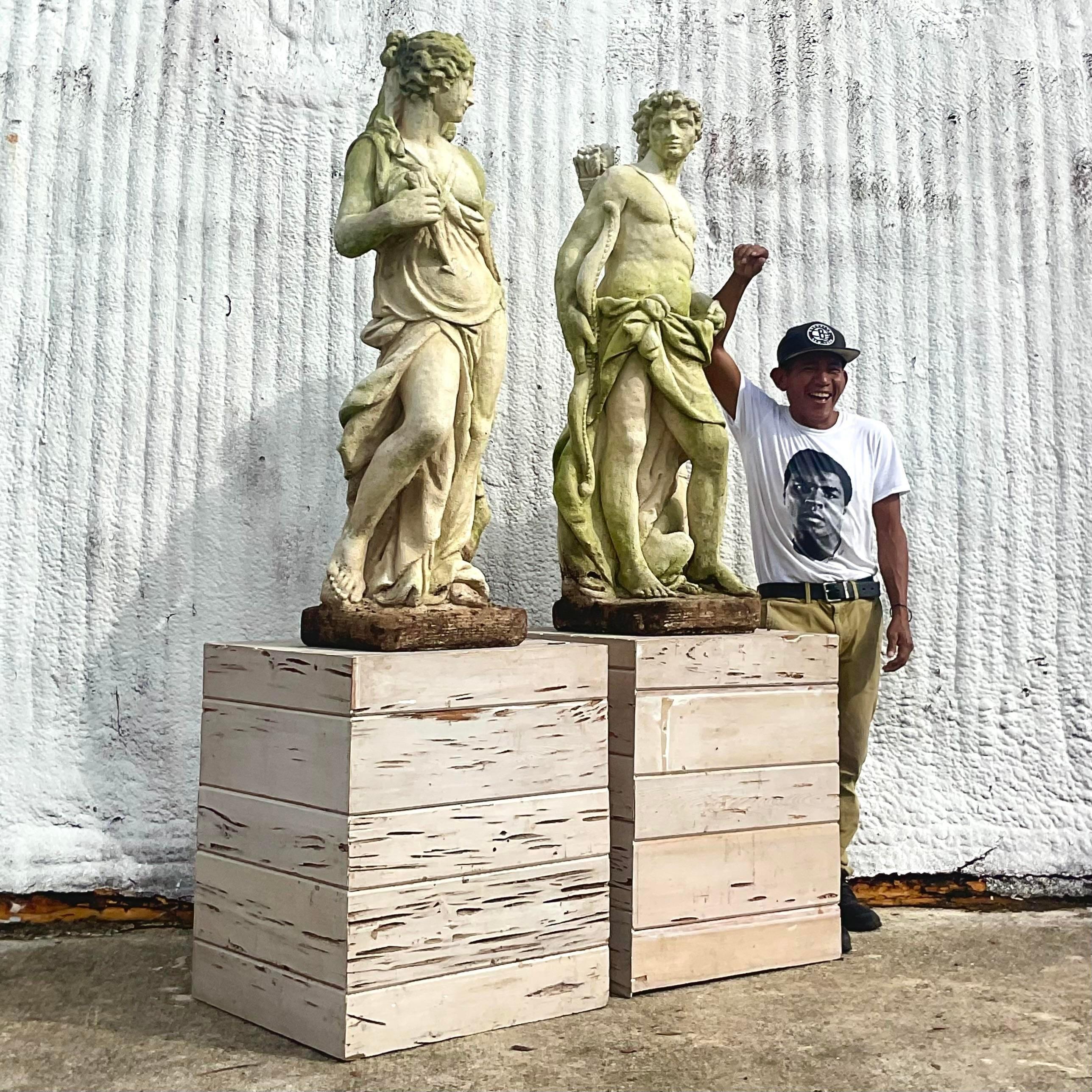 Vintage Boho Cast Concrete Diana and Acteon Statues on Cypress Plinths - Set of2 4