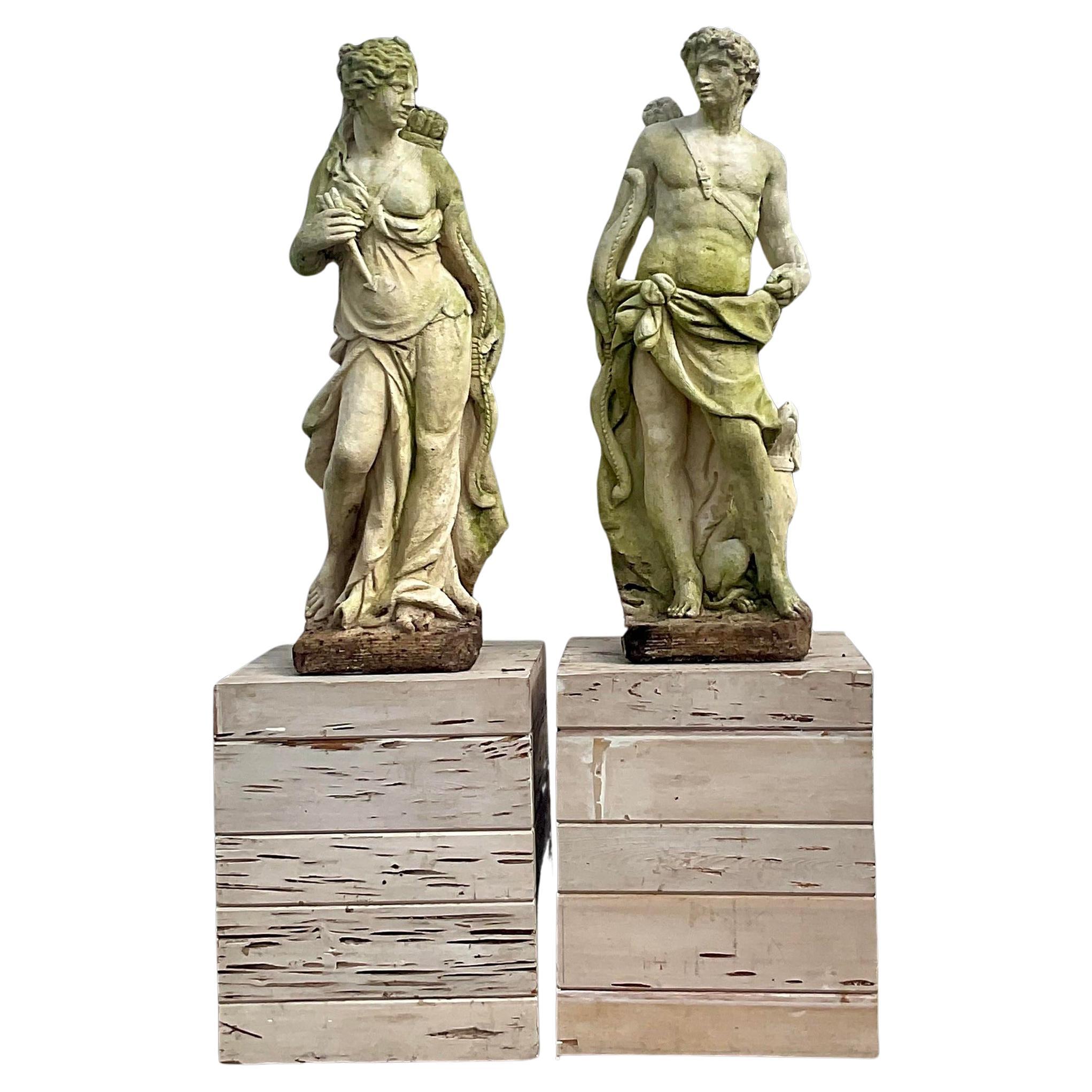 Vintage Boho Cast Concrete Diana and Acteon Statues on Cypress Plinths - Set of2