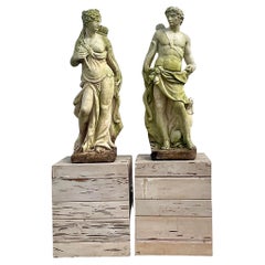 Vintage- Diana- und Acteon-Statuen aus Gussbeton von Boho auf Zypressensockeln auf Zypressensockeln, Set von 2 Stück