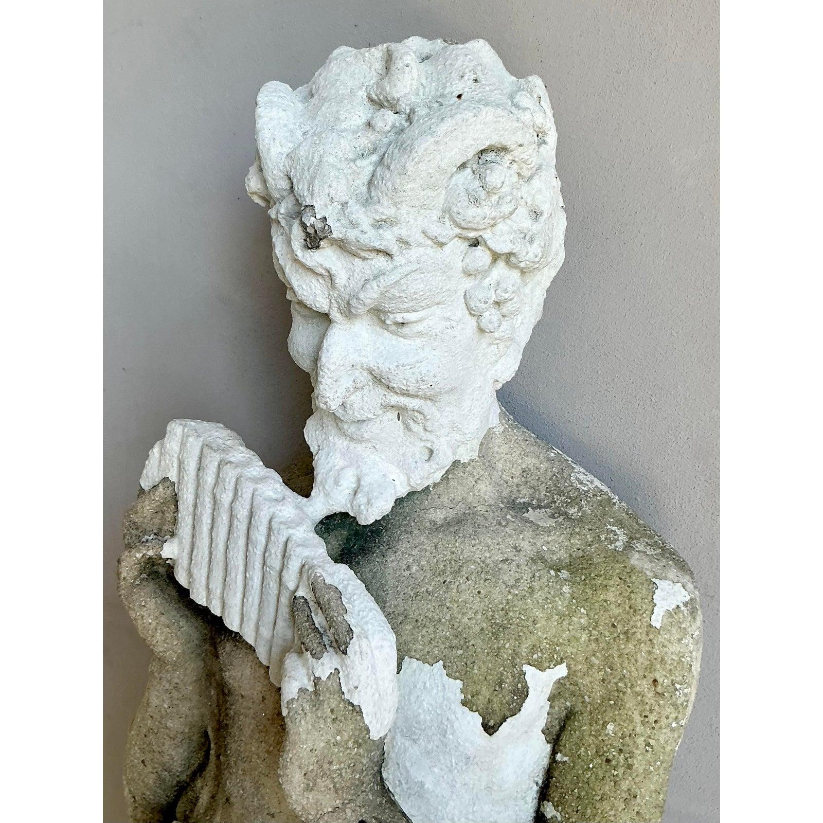 Neoclassical Vintage Boho Cast Concrete Figure of Pan For Sale