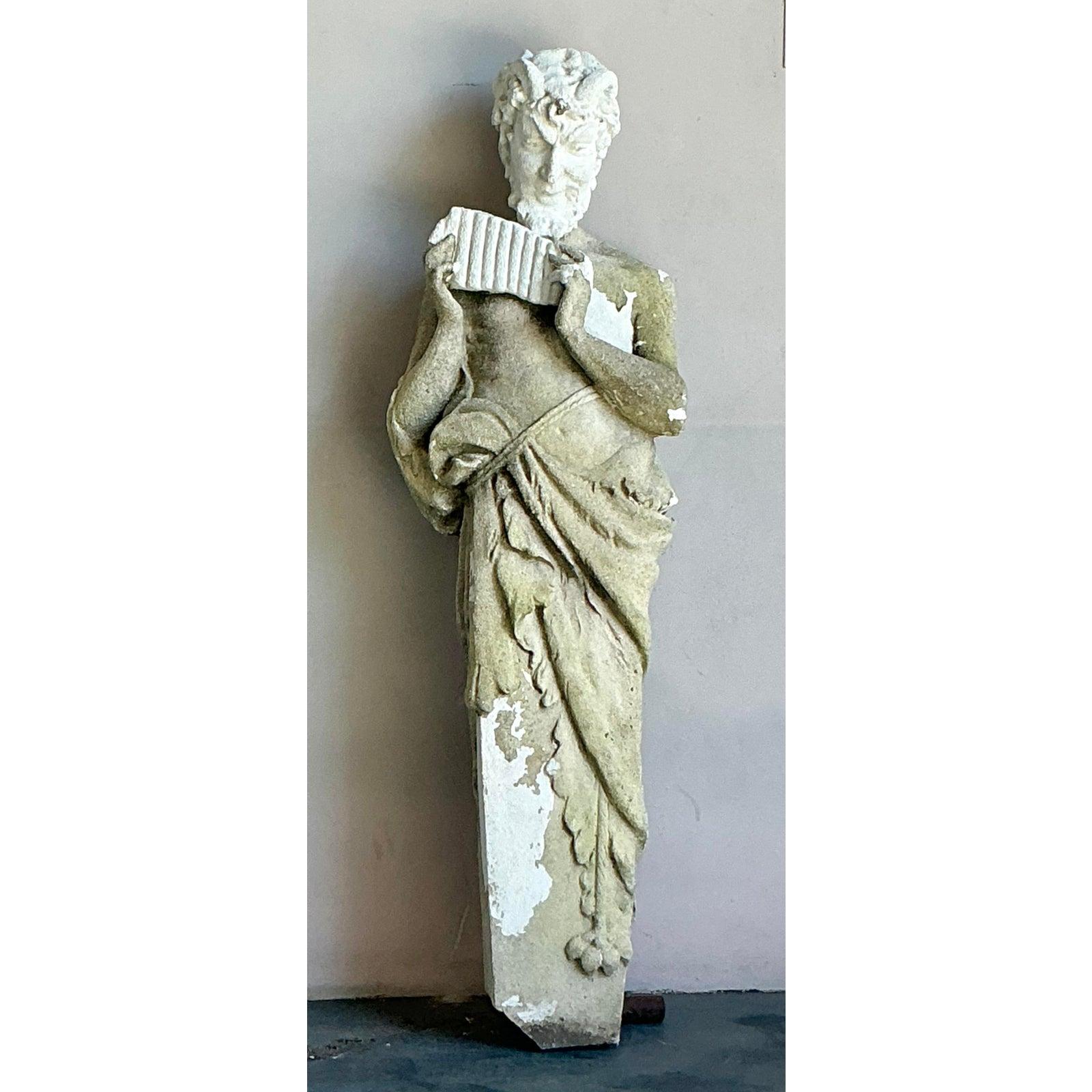 Vintage Boho Cast Concrete Figure of Pan In Good Condition For Sale In West Palm Beach, FL