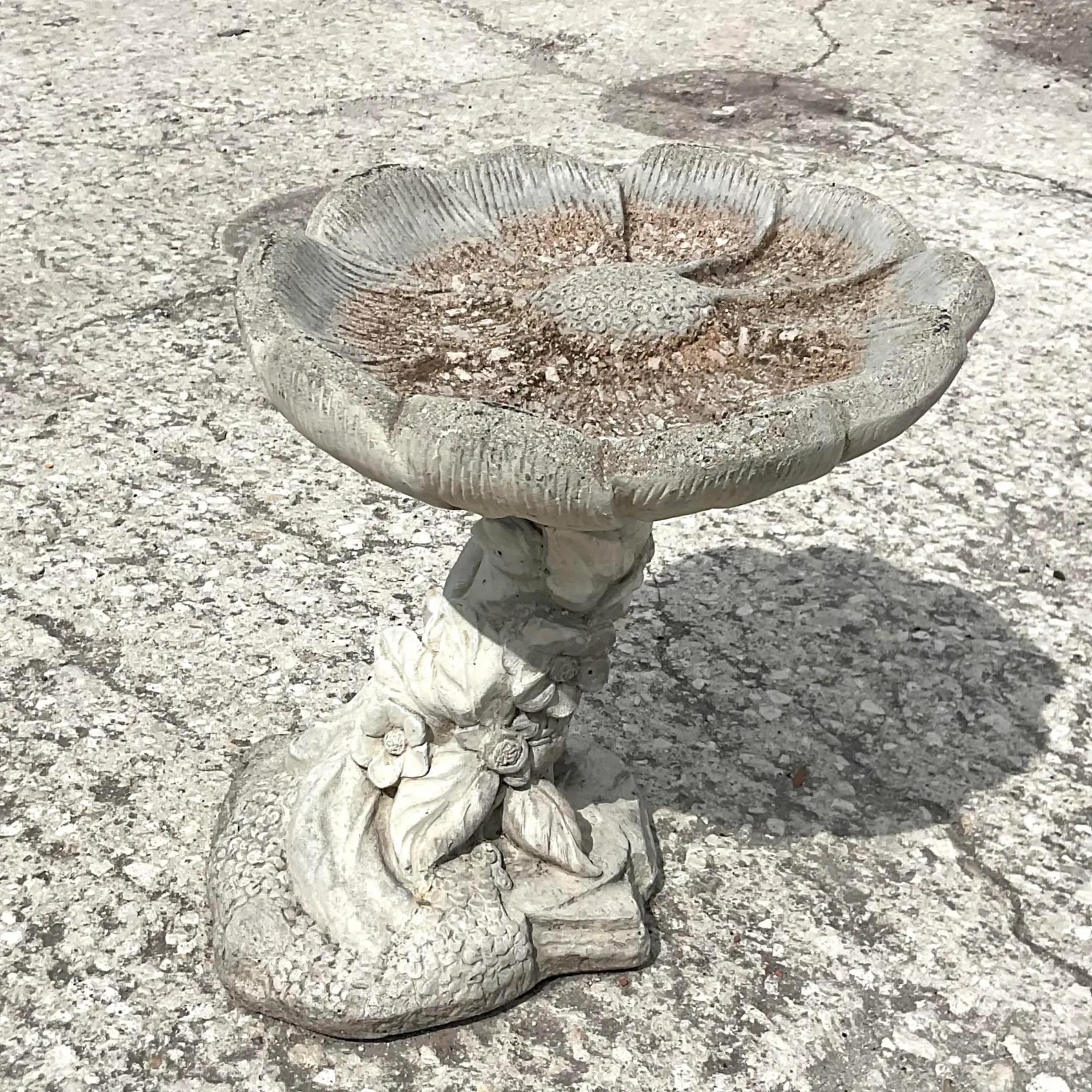 Bohemian Vintage Boho Cast Concrete Flower Bird Bath For Sale