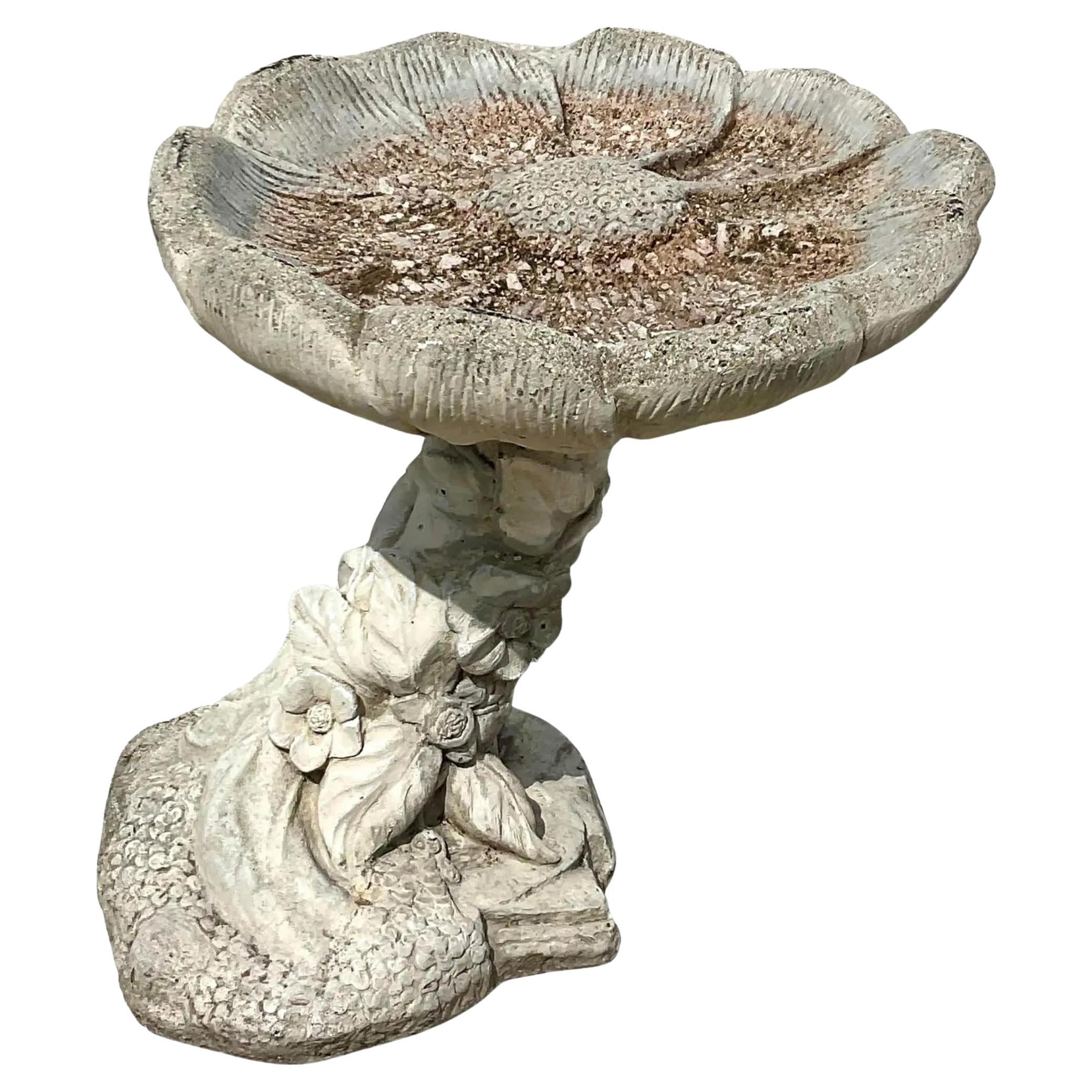 Vintage Boho Cast Concrete Flower Bird Bath For Sale