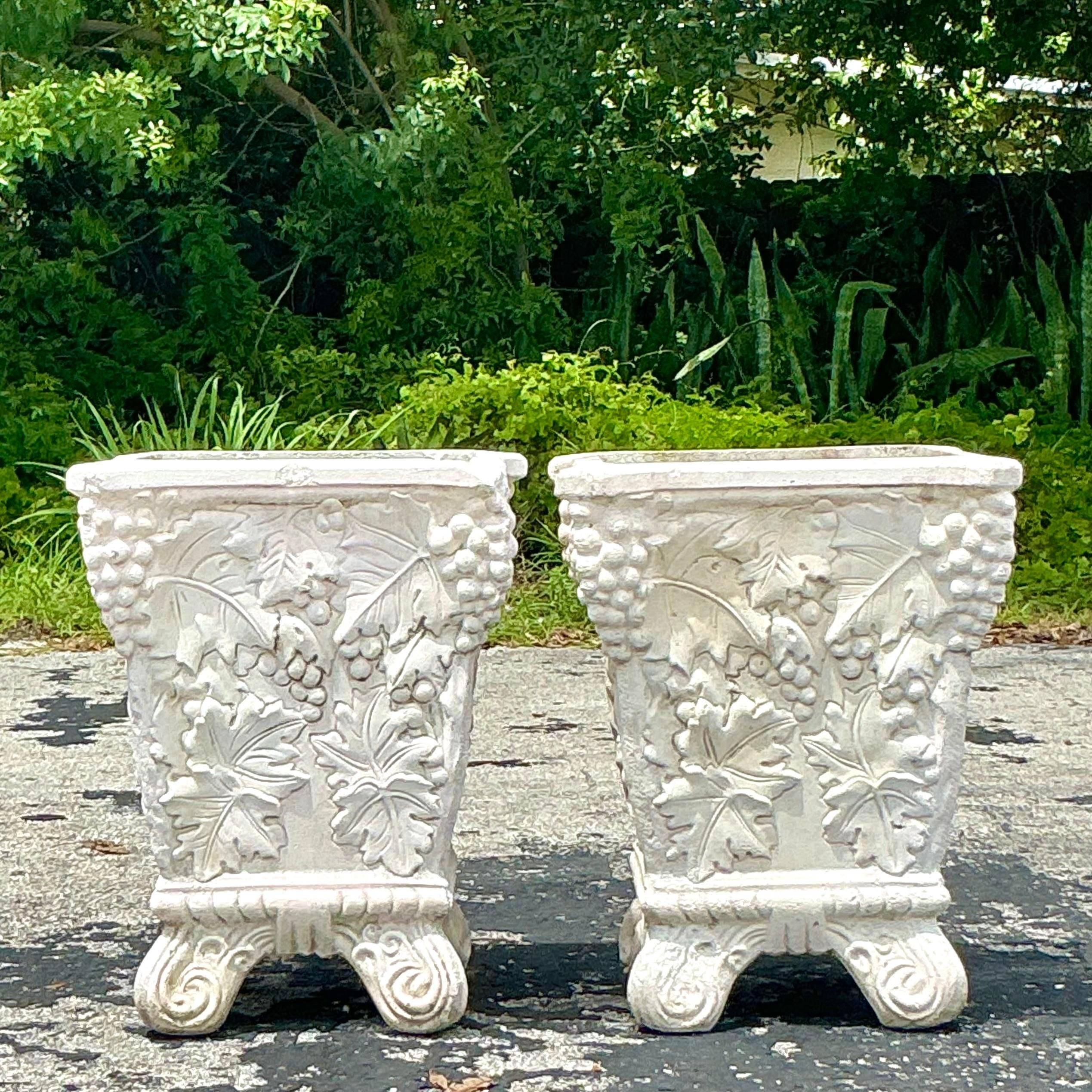 Vintage Boho Cast Concrete Grape Vine Planter - a Pair For Sale 4
