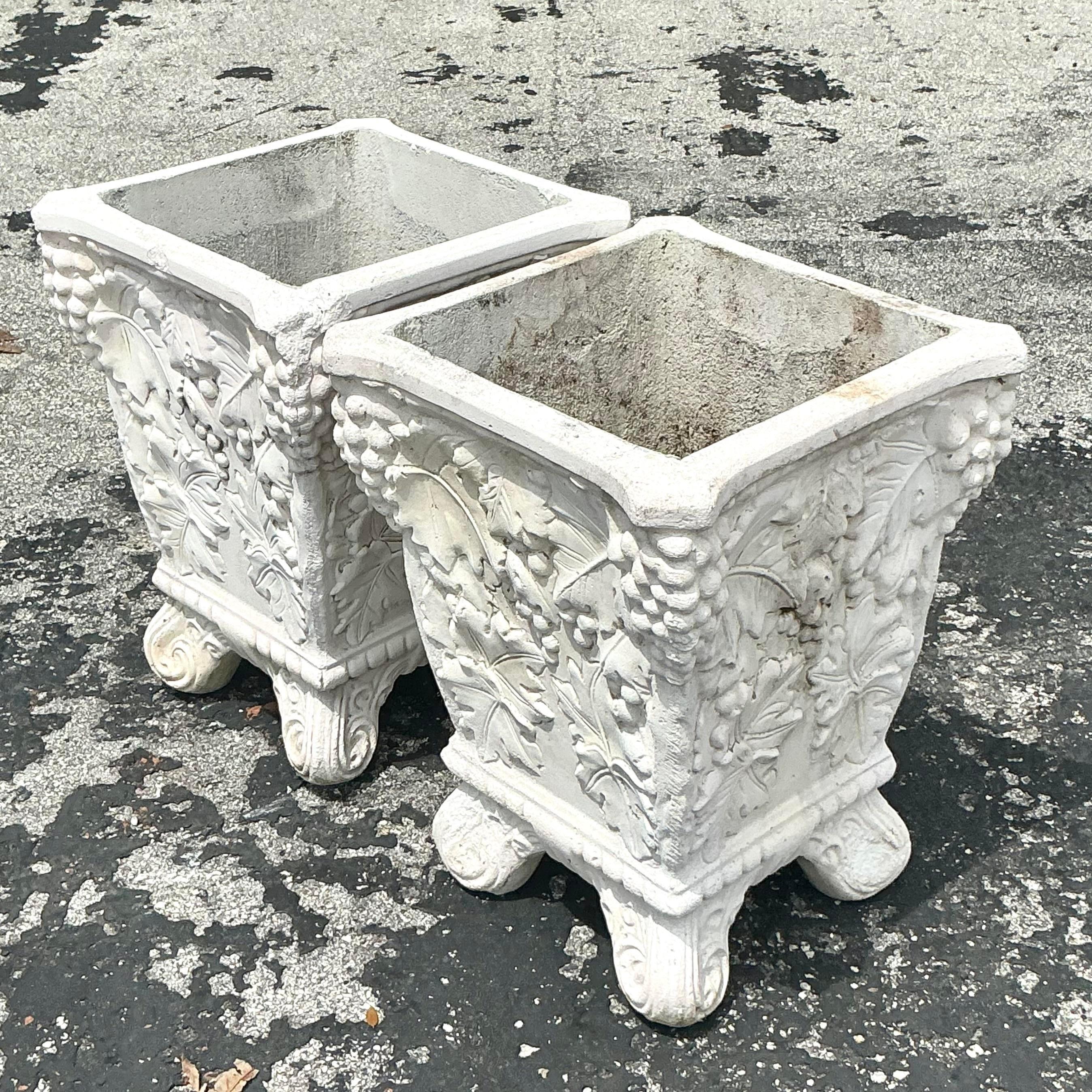 Hollywood Regency Vintage Boho Cast Concrete Grape Vine Planter - a Pair For Sale