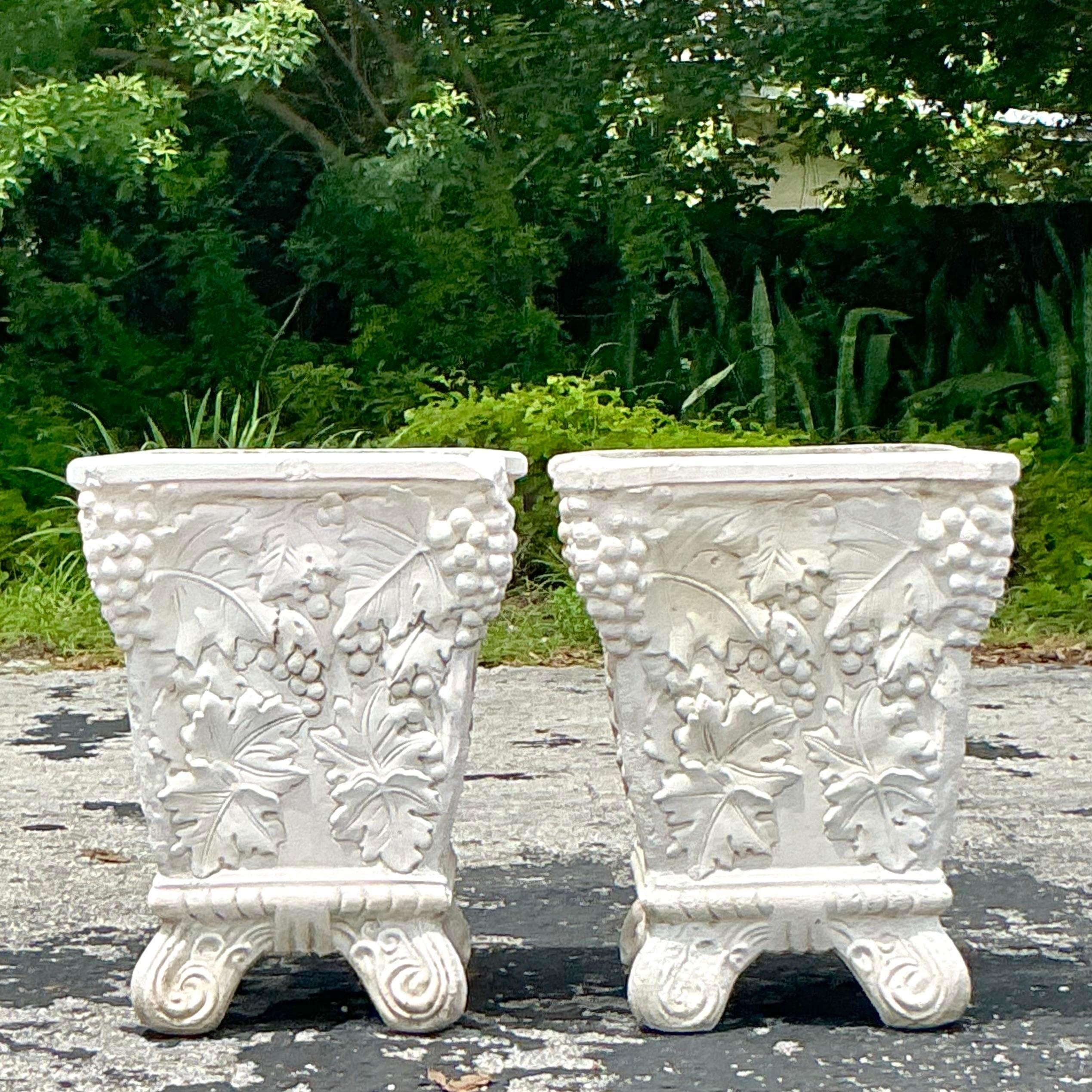 20th Century Vintage Boho Cast Concrete Grape Vine Planter - a Pair For Sale