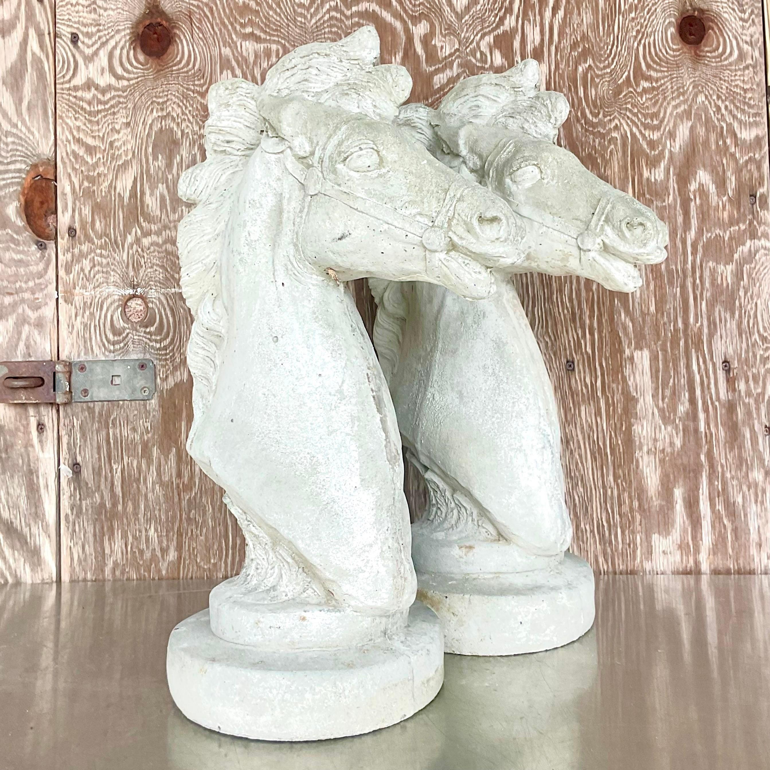 Vintage Boho Cast Concrete Horse Heads - a Pair In Good Condition For Sale In west palm beach, FL