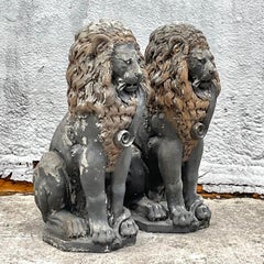 Vintage Boho Cast Concrete Lion Statues - a Pair