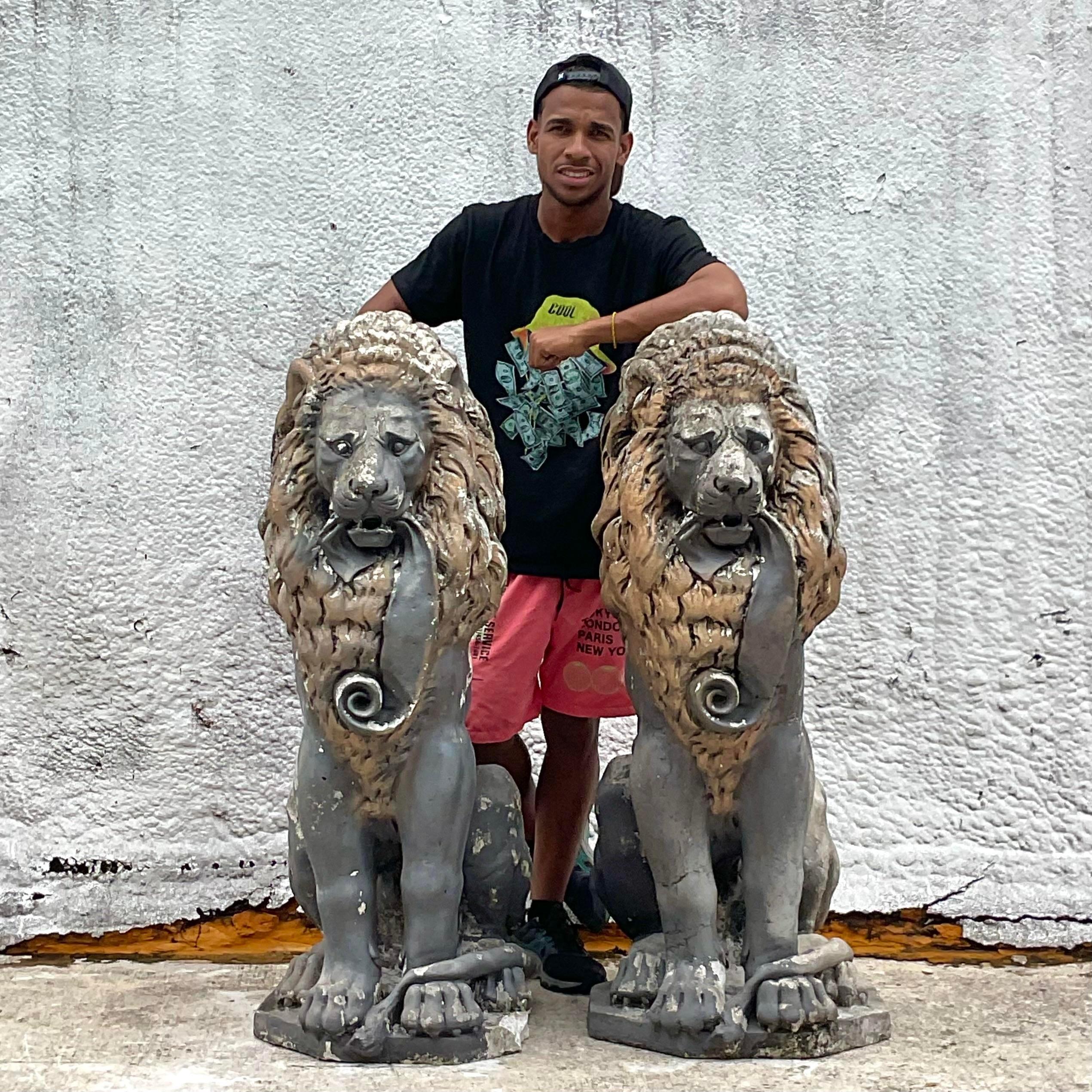 American Vintage Boho Cast Concrete Lion Statues - a Pair For Sale