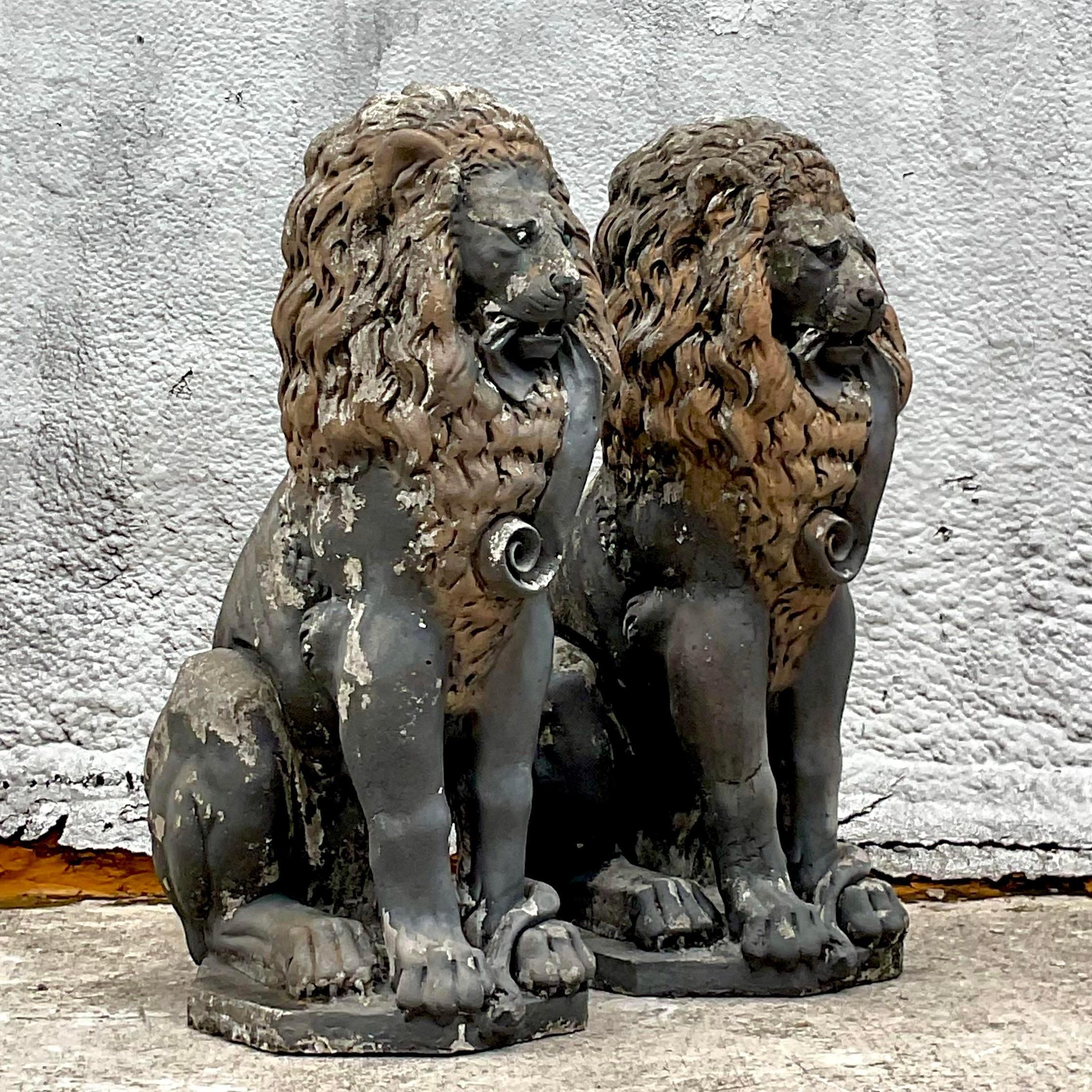 Vintage Boho Cast Concrete Lion Statues - a Pair In Good Condition For Sale In west palm beach, FL