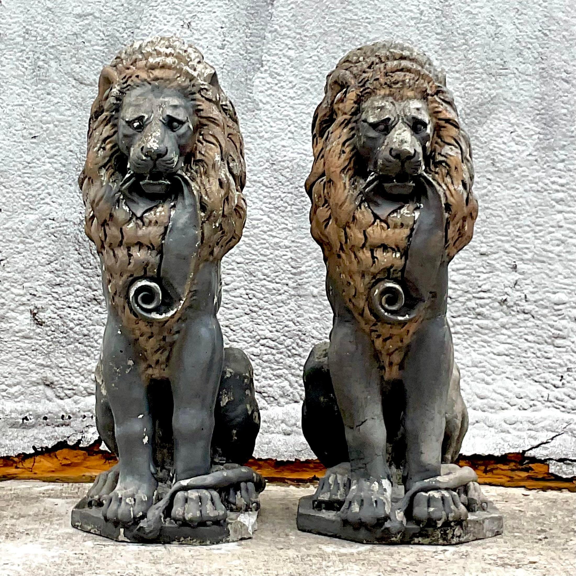 20th Century Vintage Boho Cast Concrete Lion Statues - a Pair For Sale