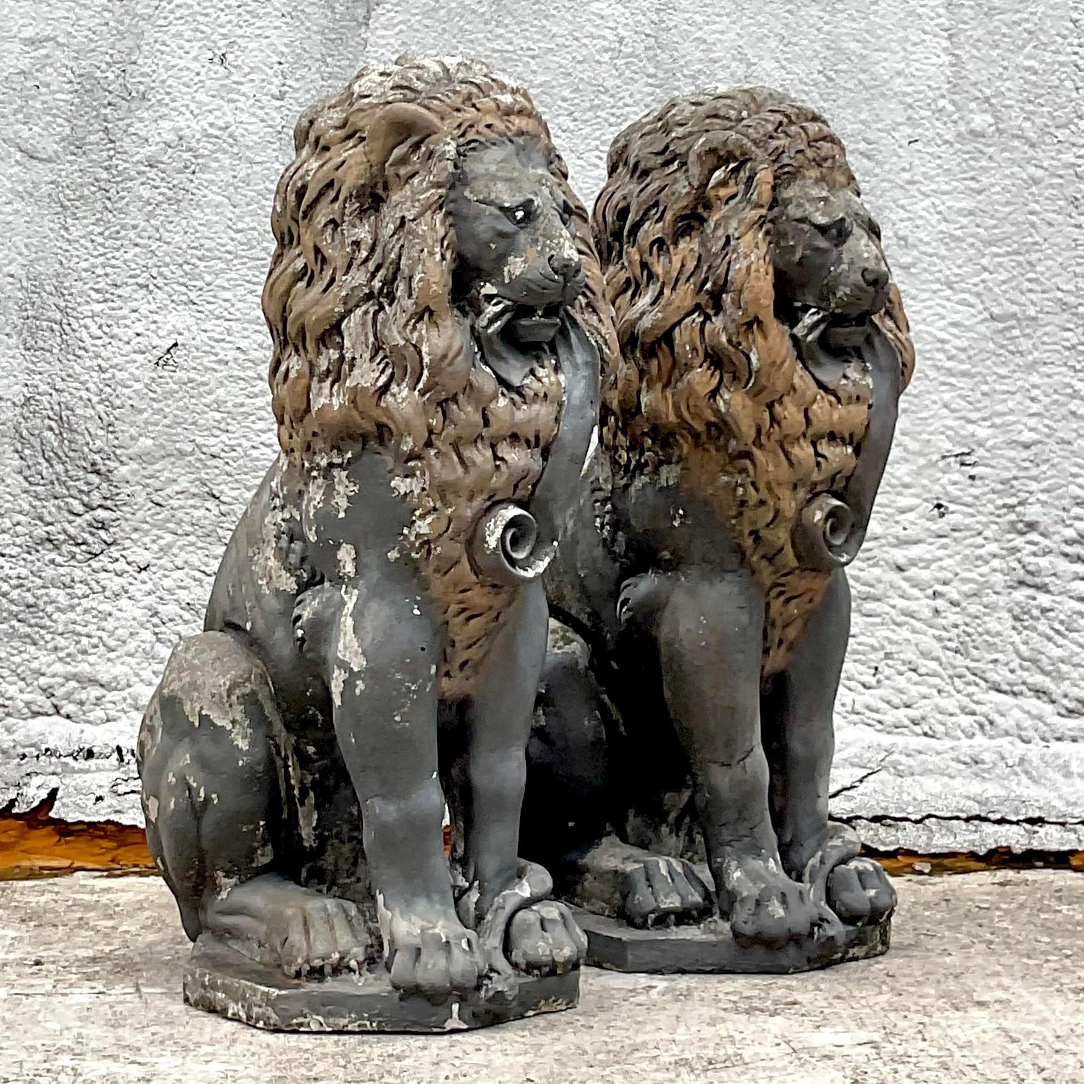 Vintage Boho Cast Concrete Lion Statues - a Pair For Sale 1