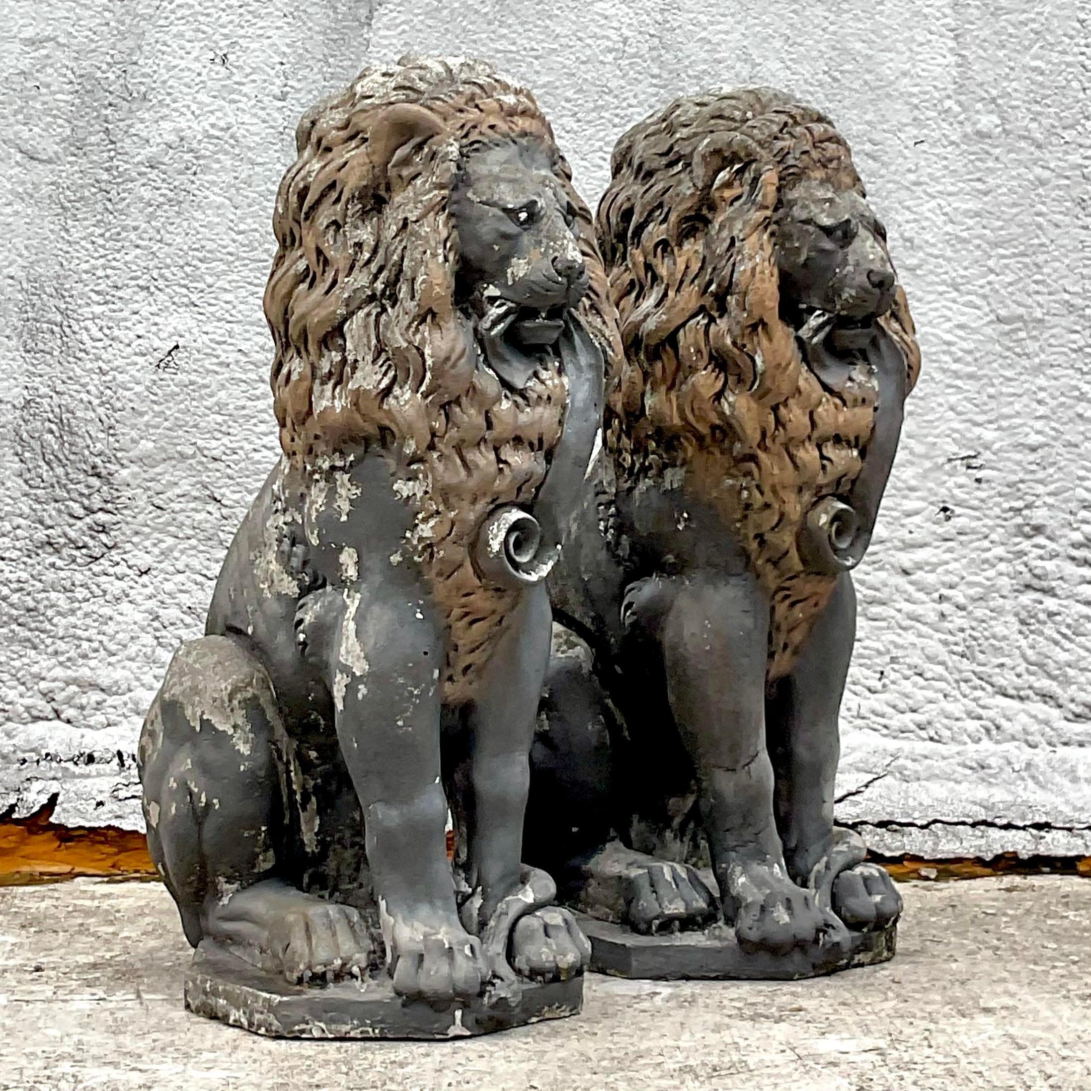 American Vintage Boho Cast Concrete Lion Statues - a Pair For Sale