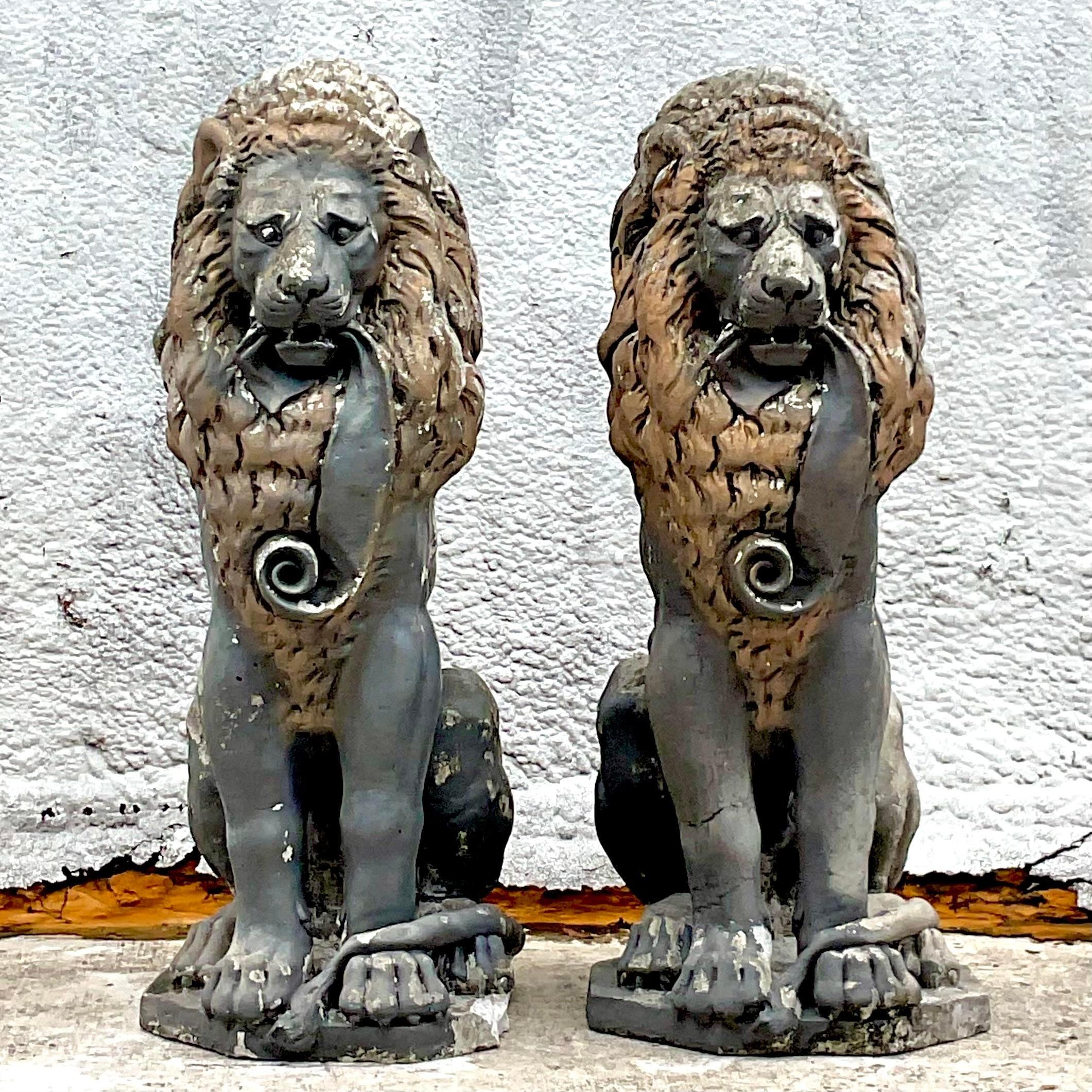 Vintage Boho Cast Concrete Lion Statues - a Pair For Sale 2