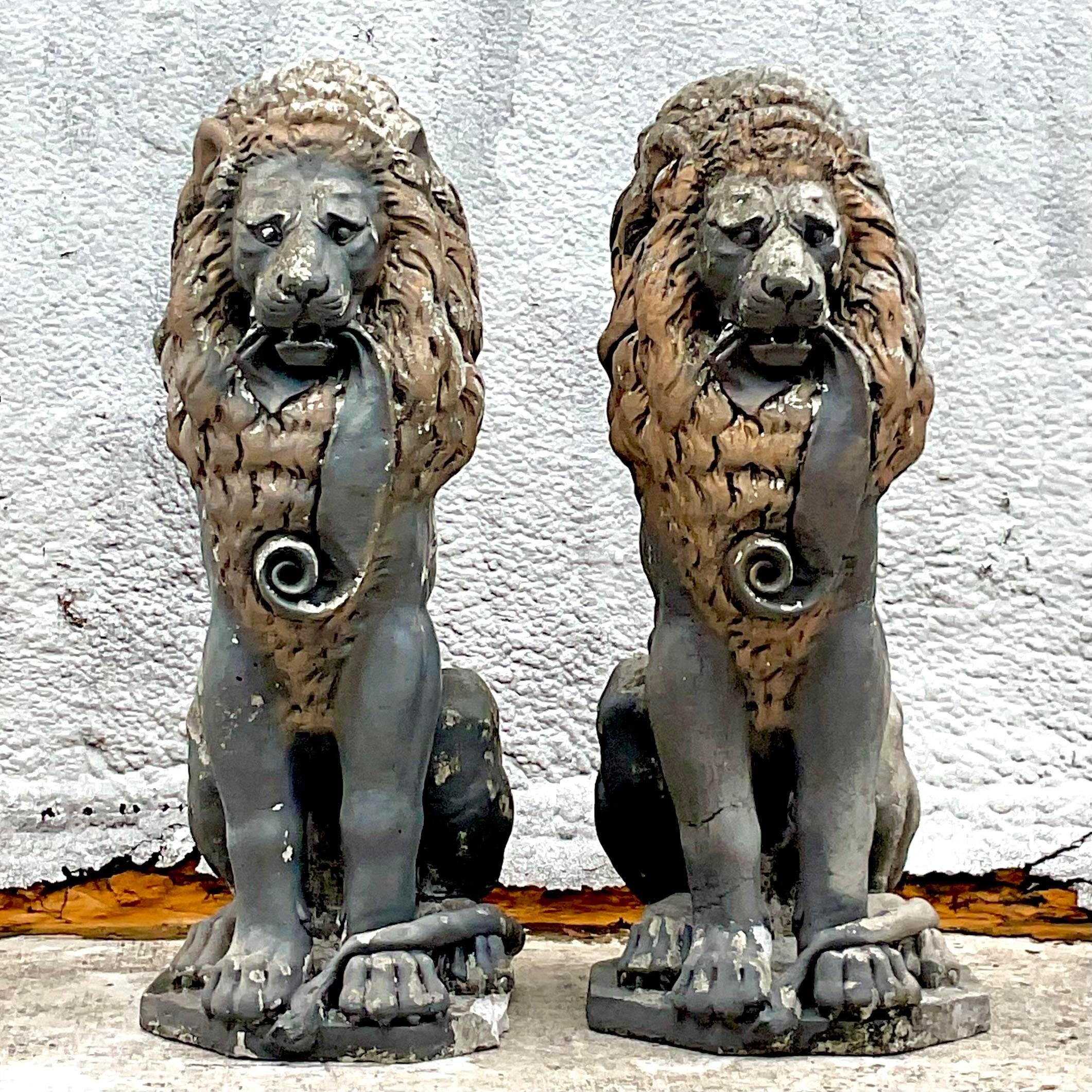 Vintage Boho Cast Concrete Lion Statues - a Pair In Good Condition For Sale In west palm beach, FL