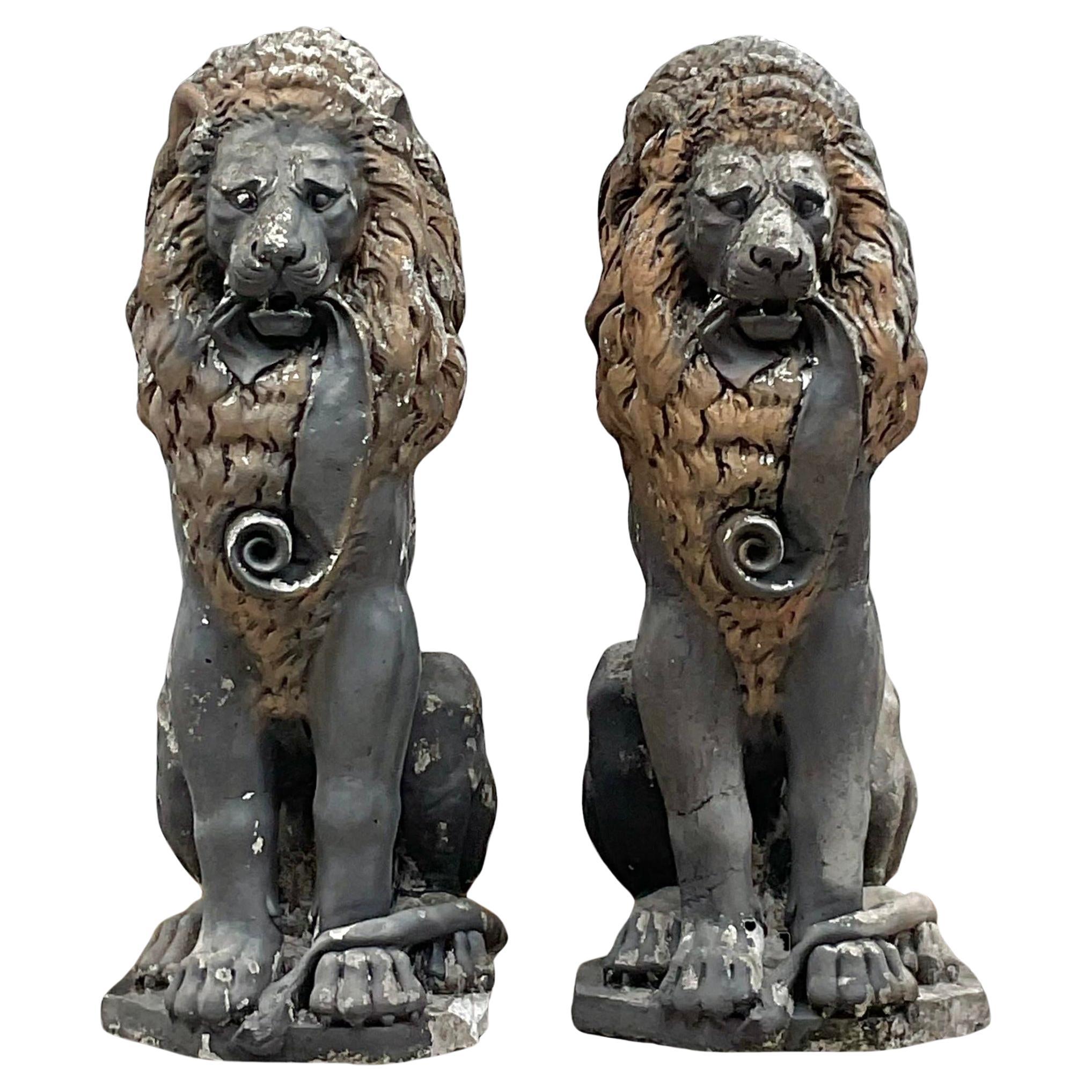Vintage Boho Cast Concrete Lion Statues - a Pair For Sale