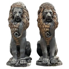Used Boho Cast Concrete Lion Statues - a Pair