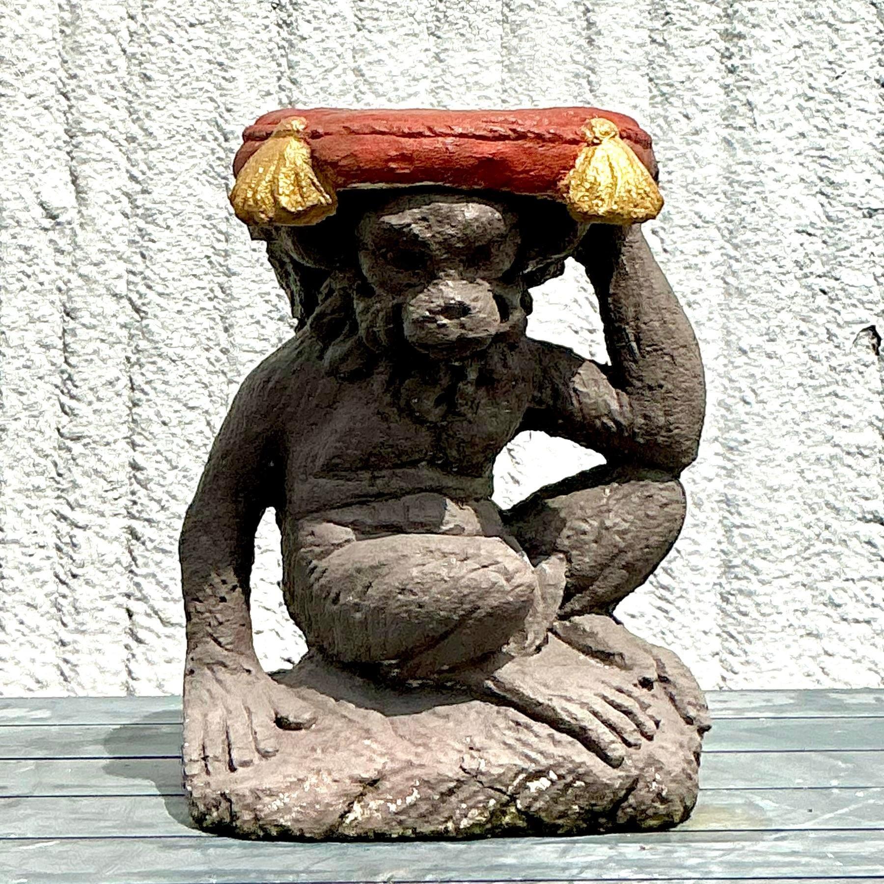 American Vintage Boho Cast Concrete Monkey Low Stool For Sale