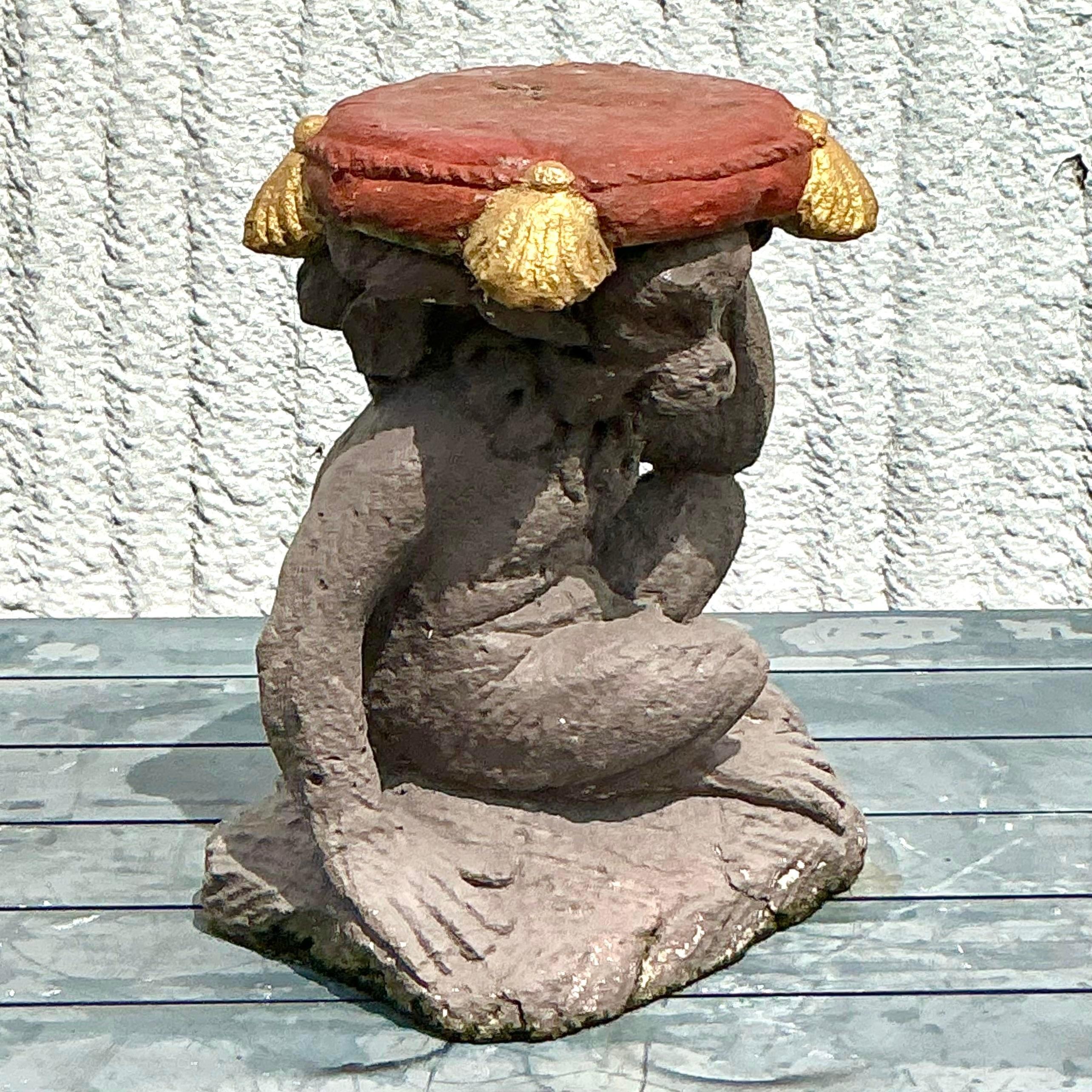 20th Century Vintage Boho Cast Concrete Monkey Low Stool For Sale